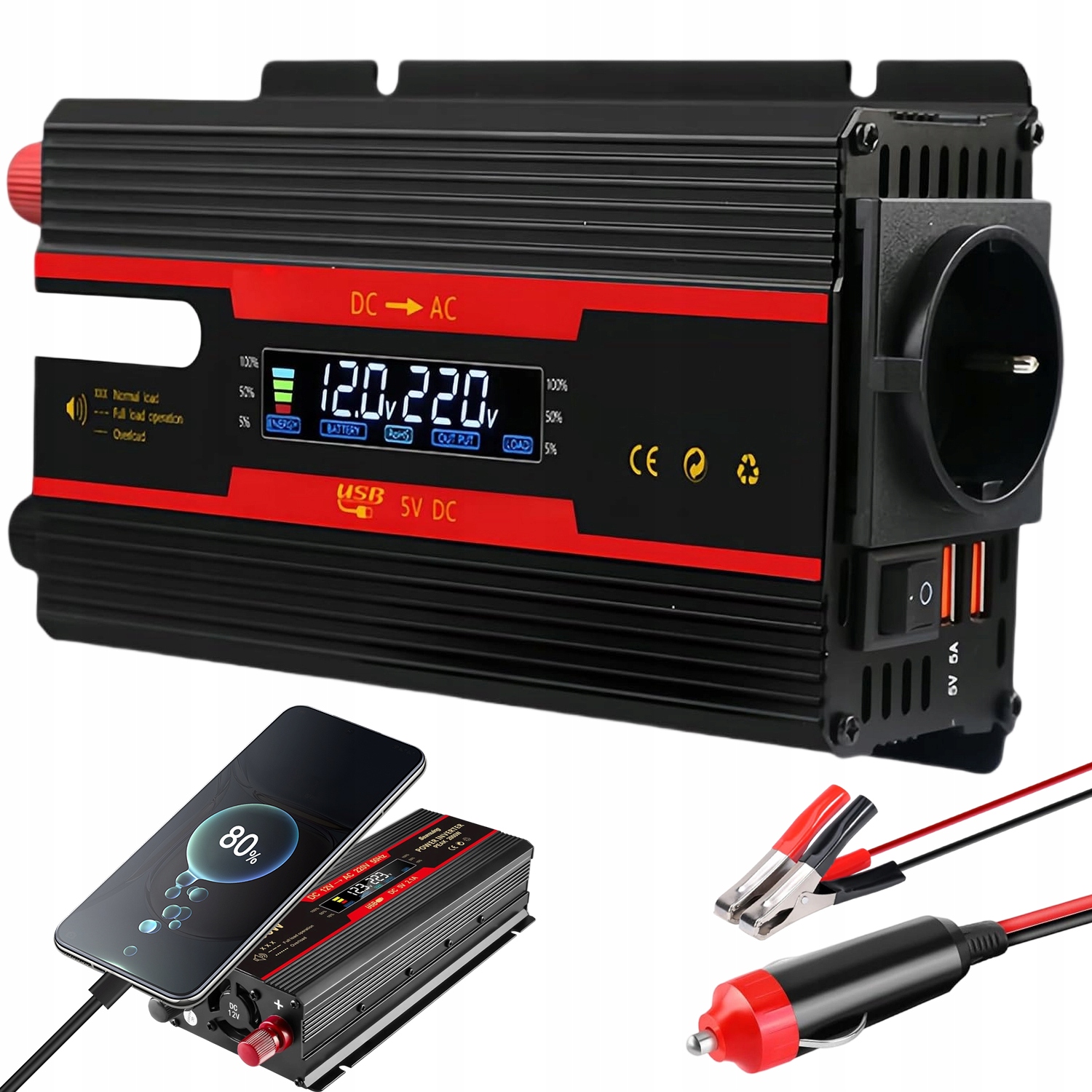 Przetwornica 12V 24V Na 220V 2000W Z Gniazdem Ac I Usb