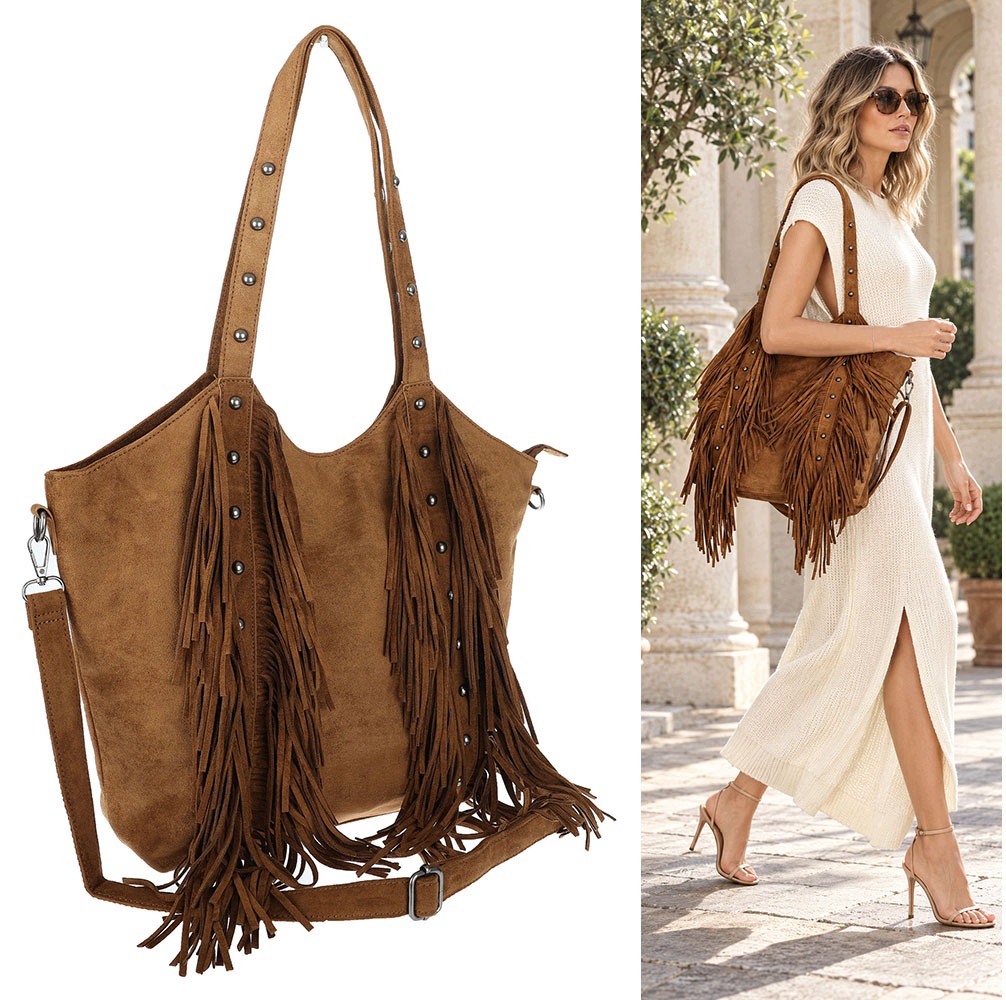 Dámská kabelka Semišové třásně Shopper Taška přes rameno L3940 Hnědá