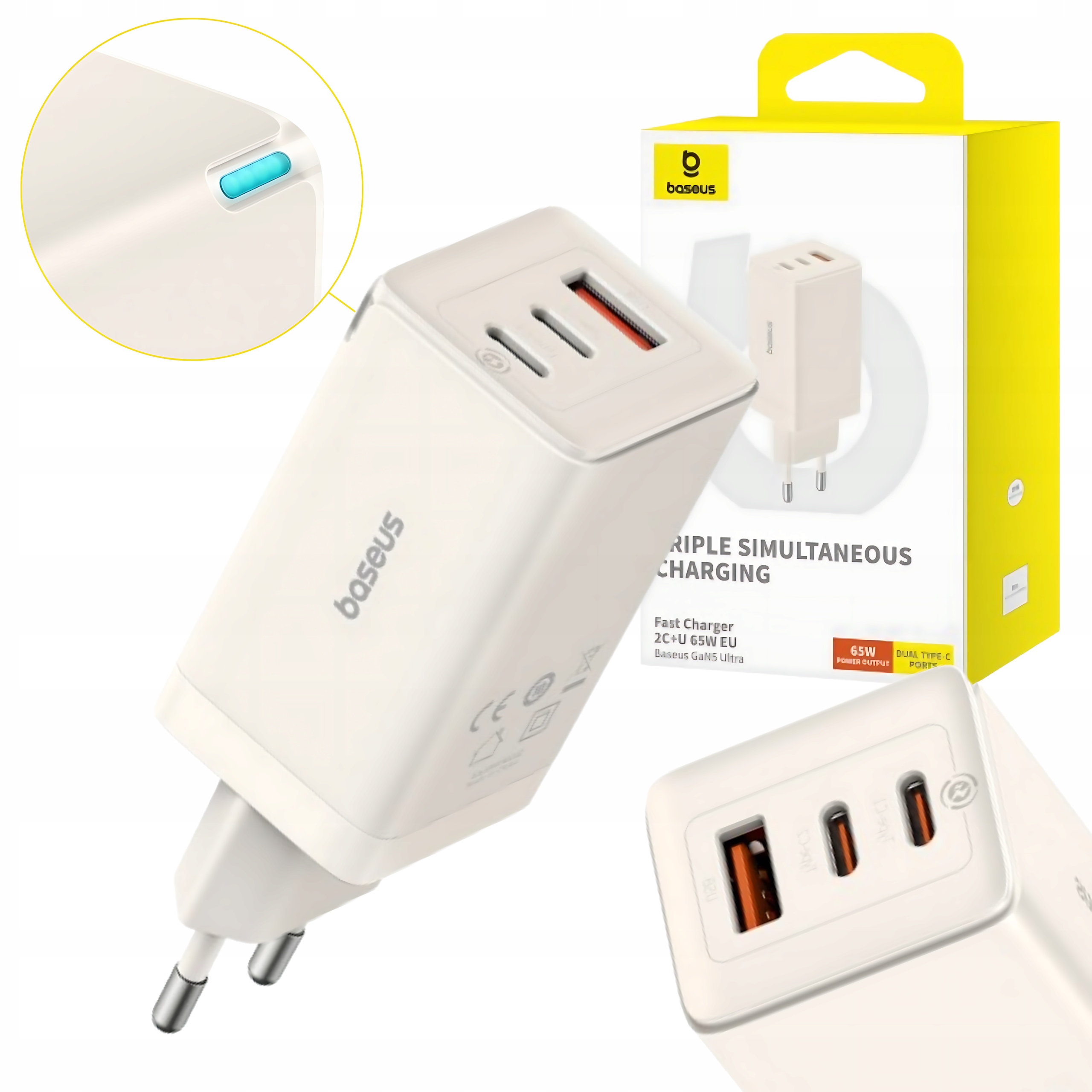 Ładowarka sieciowa Baseus GaN5 2x Usb-c Usb 65W Kabel 1m Biały