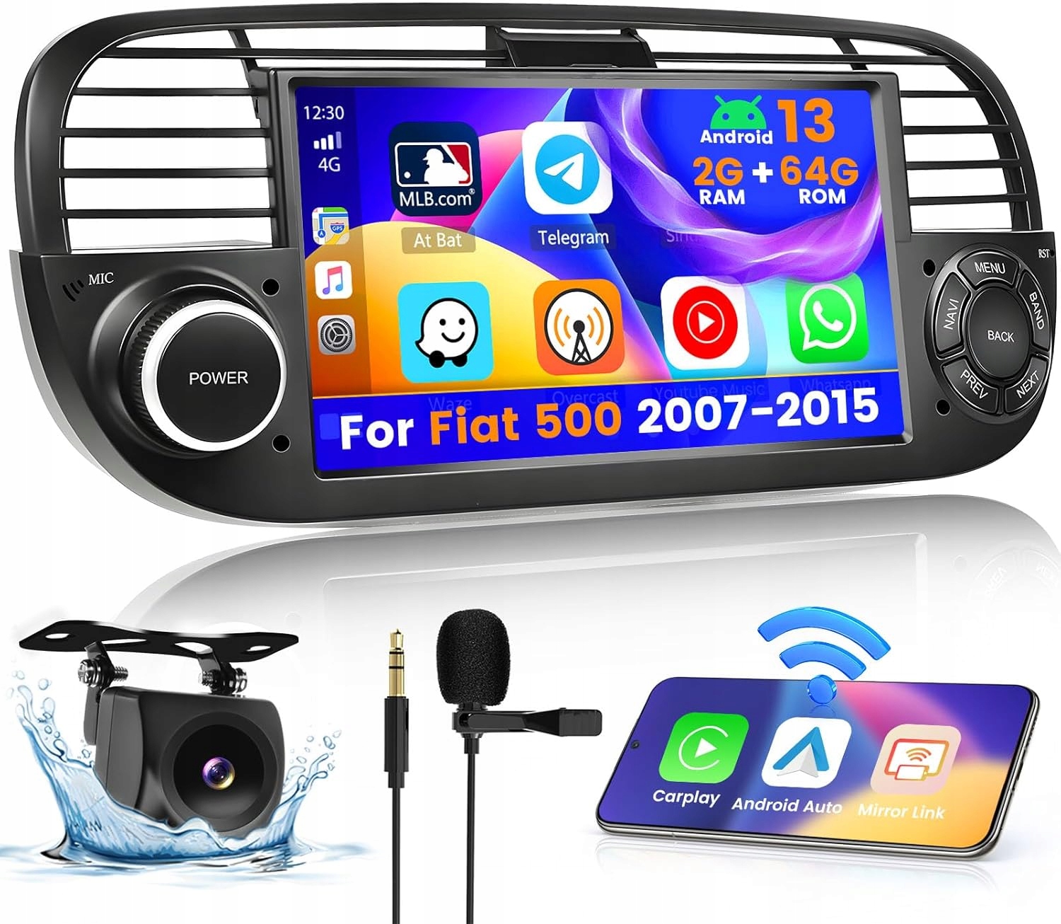 Autorádio Fiat 500 2007-2015 Android Carplay 1+32GB 2-DIN Kamera