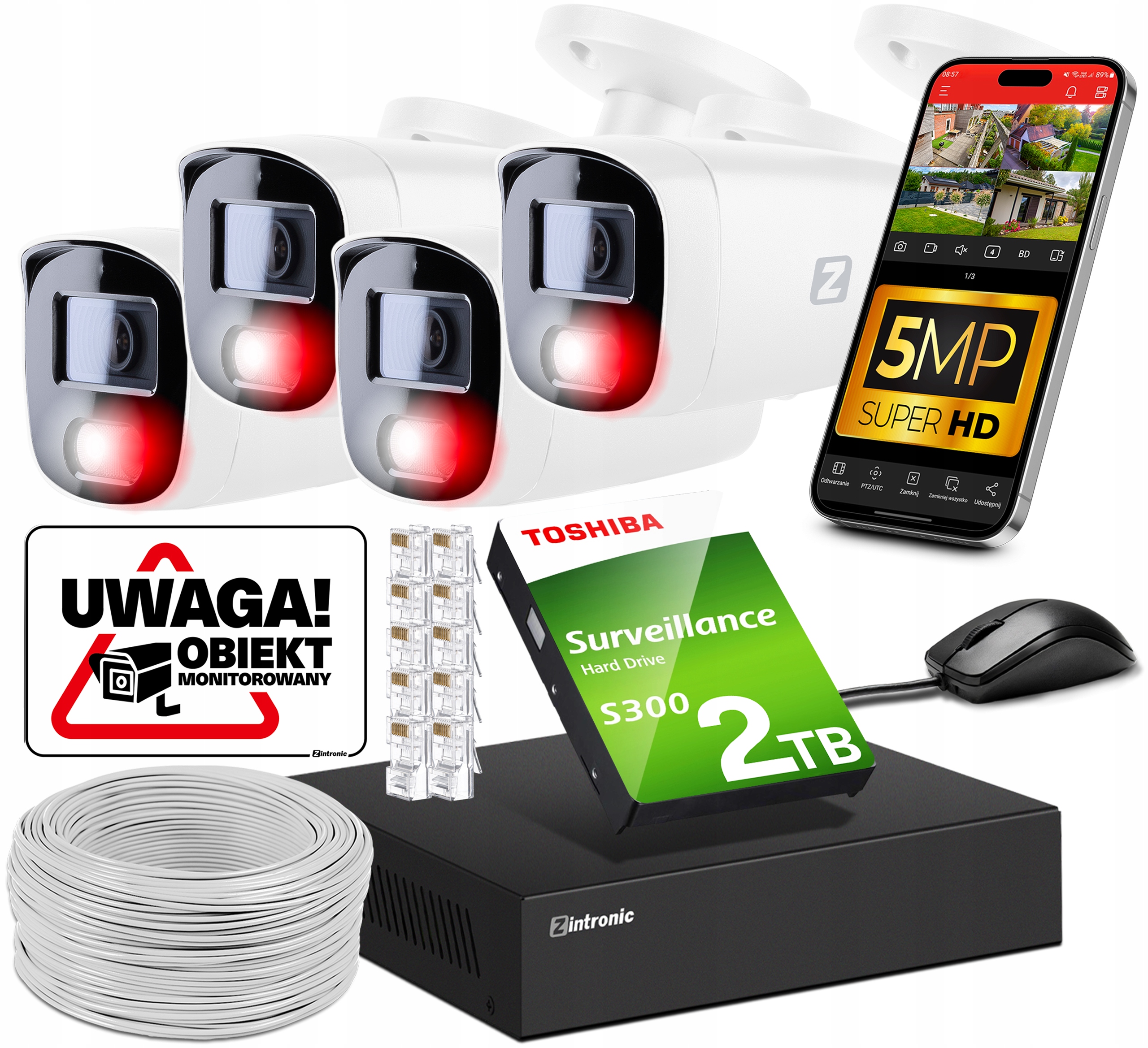 Zestaw Kamer Do Monitoringu 5MPX Ip Poe 4 Kamery 2TB Audio Detekcja Ludzi