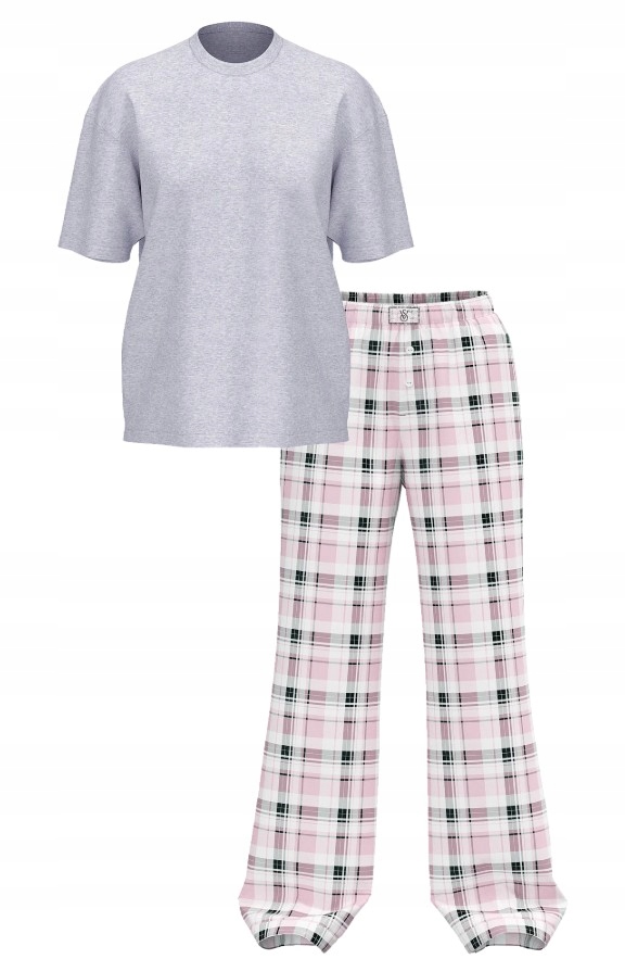 Pyžamo Victoria's Secret šedo-růžové s kostkovaným vzorem a zirkony Xs (s) Regular