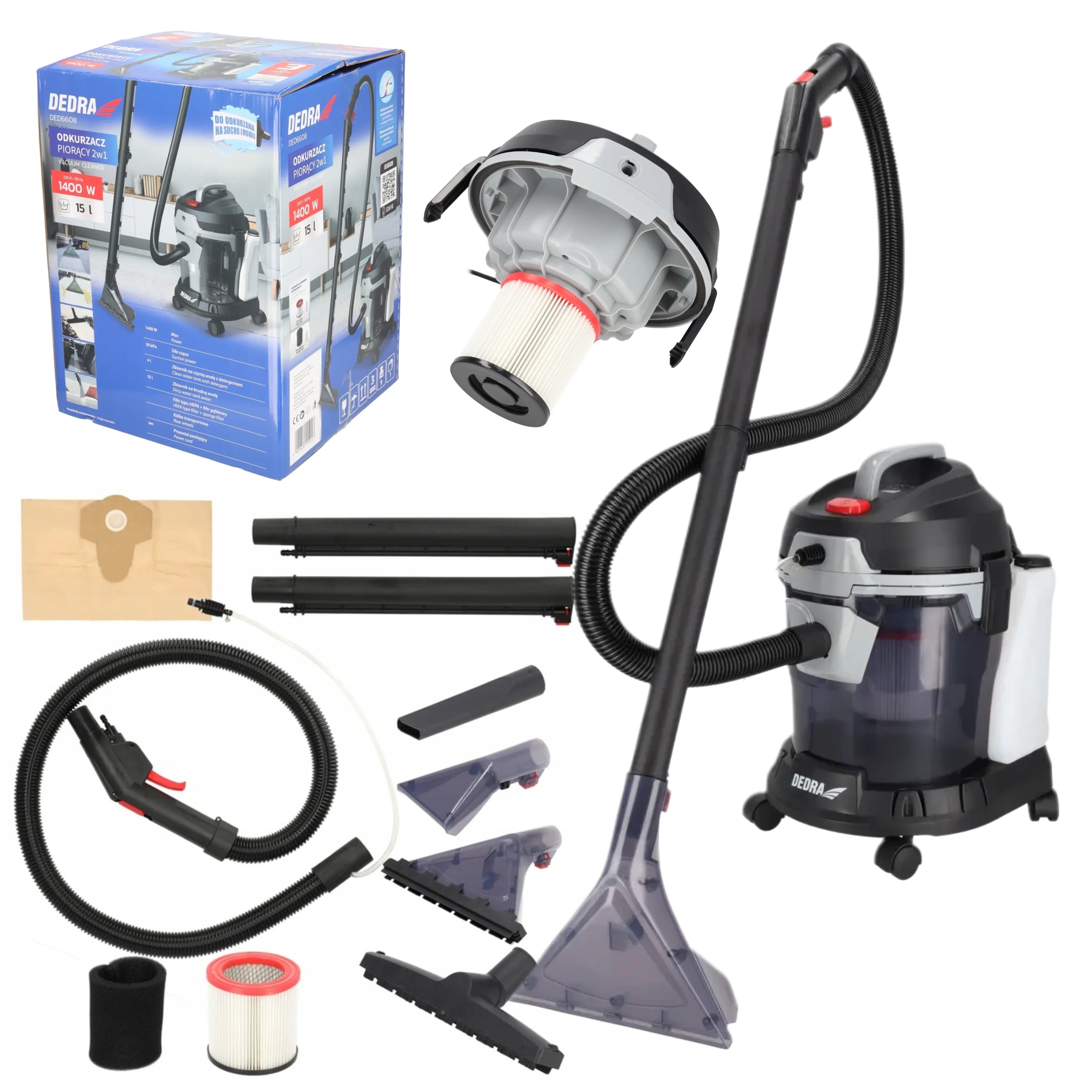 Vysavač Na Čalounění Koberců 1400W Mokrý A Suchý Provoz Hepa Filtr