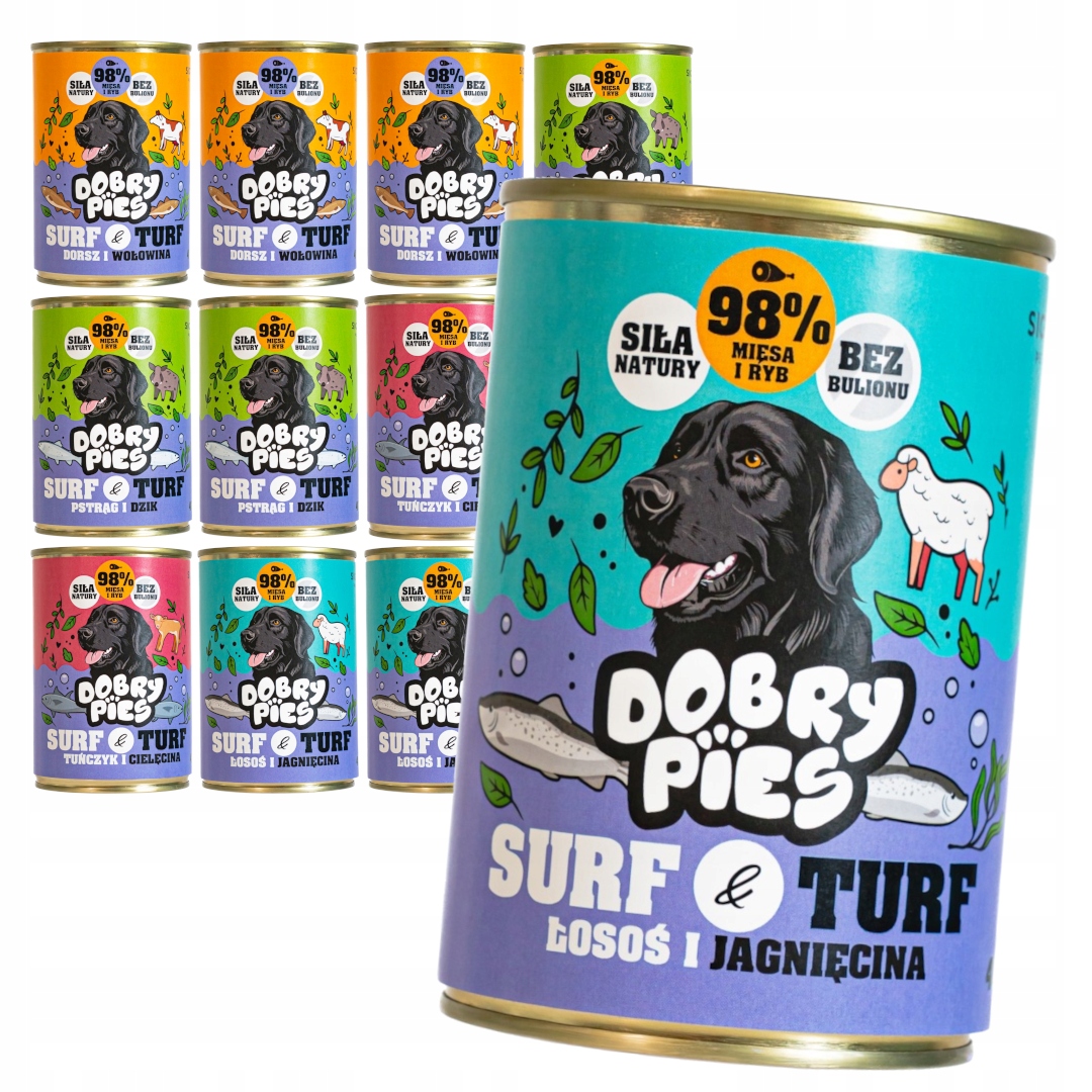 Levně Dobry Pies Surf & Turf 12x400g Vlhké Krmivo pro dospělé psy Mix 4 příchutí