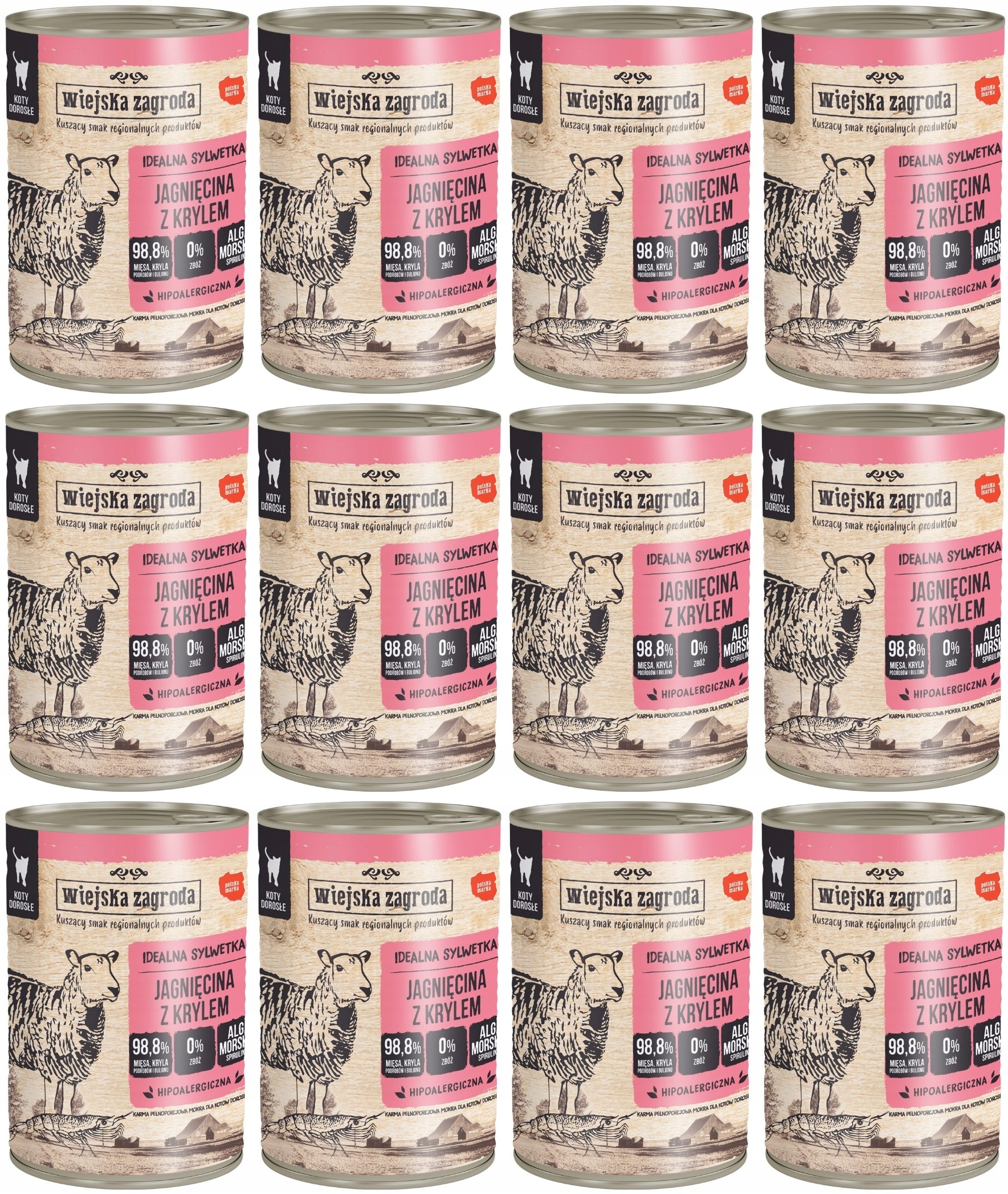 Levně Wiejska Zagroda Kočka Jehněčí s krillem 12 plechovek 400 g