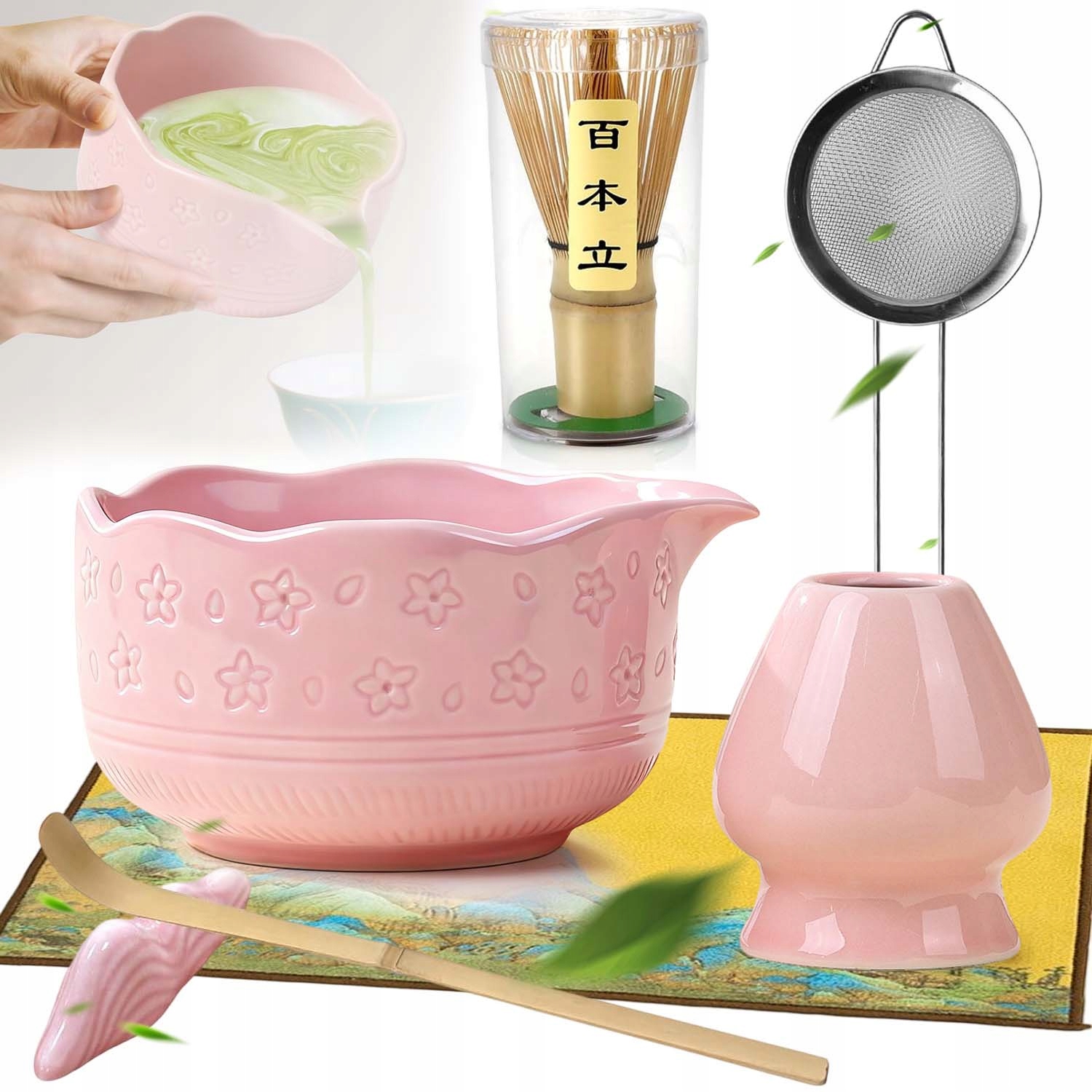 Levně Matcha Dárková Sada Na Čaj 7KS Bambusová Keramika Růžové Květy