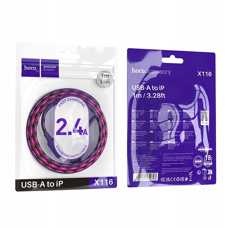 Kabel Usb A do Lightning Hoco 2,4A 1 m X116 gradient fioletowy