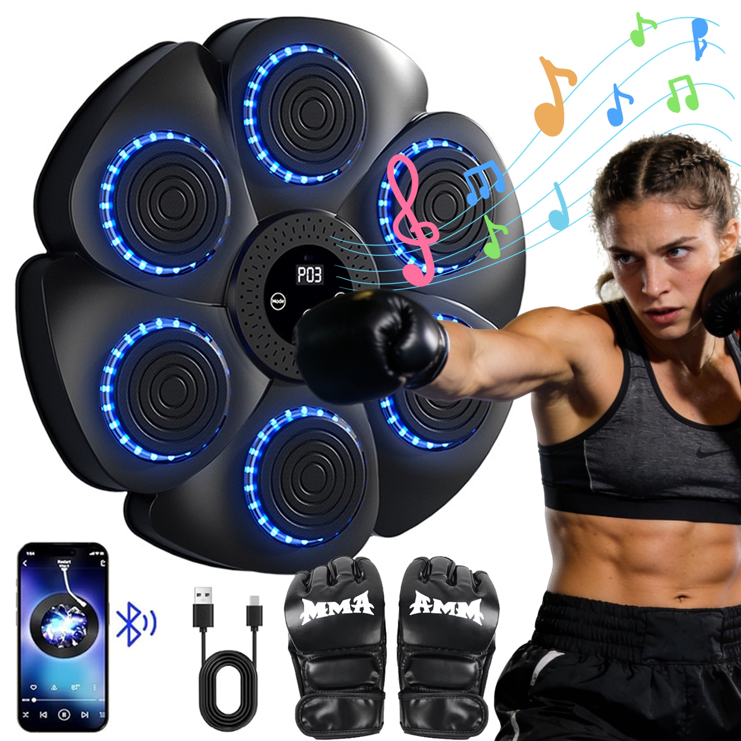 Music Boxing Machine Z Bluetooth 9 Trybów Gry 18 Prędkości Rękawice