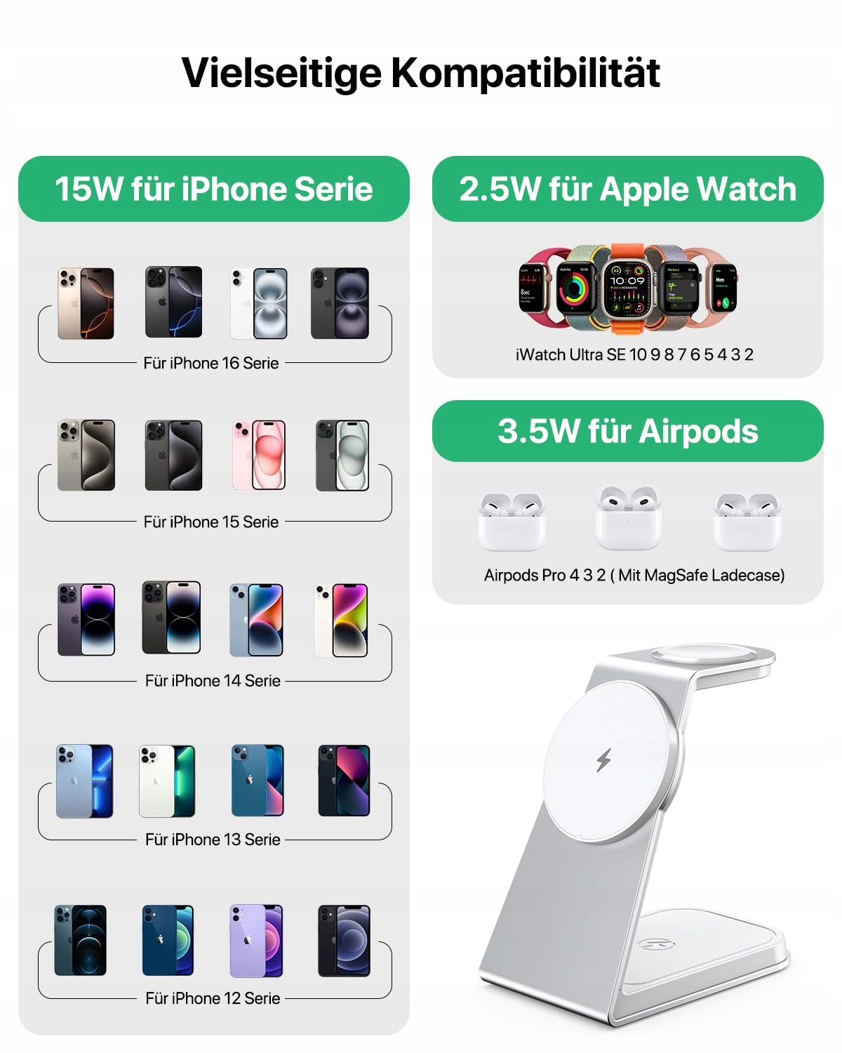 MAGSAFE Bezprzewodowa Stacja Ładowania 3W1 Dla Apple Watch i iPhone AirPods — miniatura 6