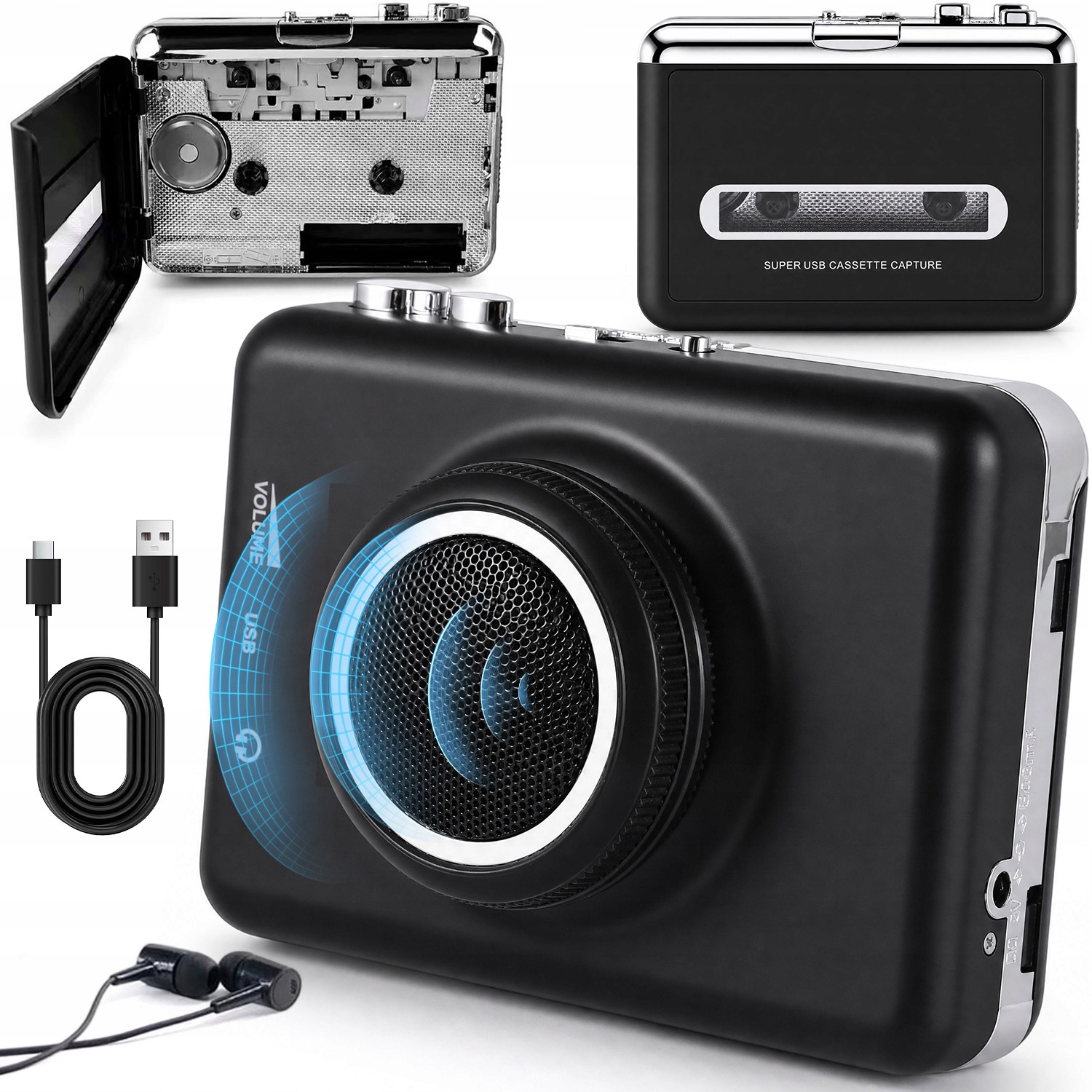 Kazetový Přehrávač Walkman Převodník Usb MP3 Přenosný Sluchátka Černá