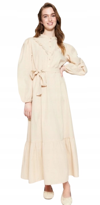 Trendyol Béžová Šaty S Volánem A Krajkou U Výstřihu 36 5AB