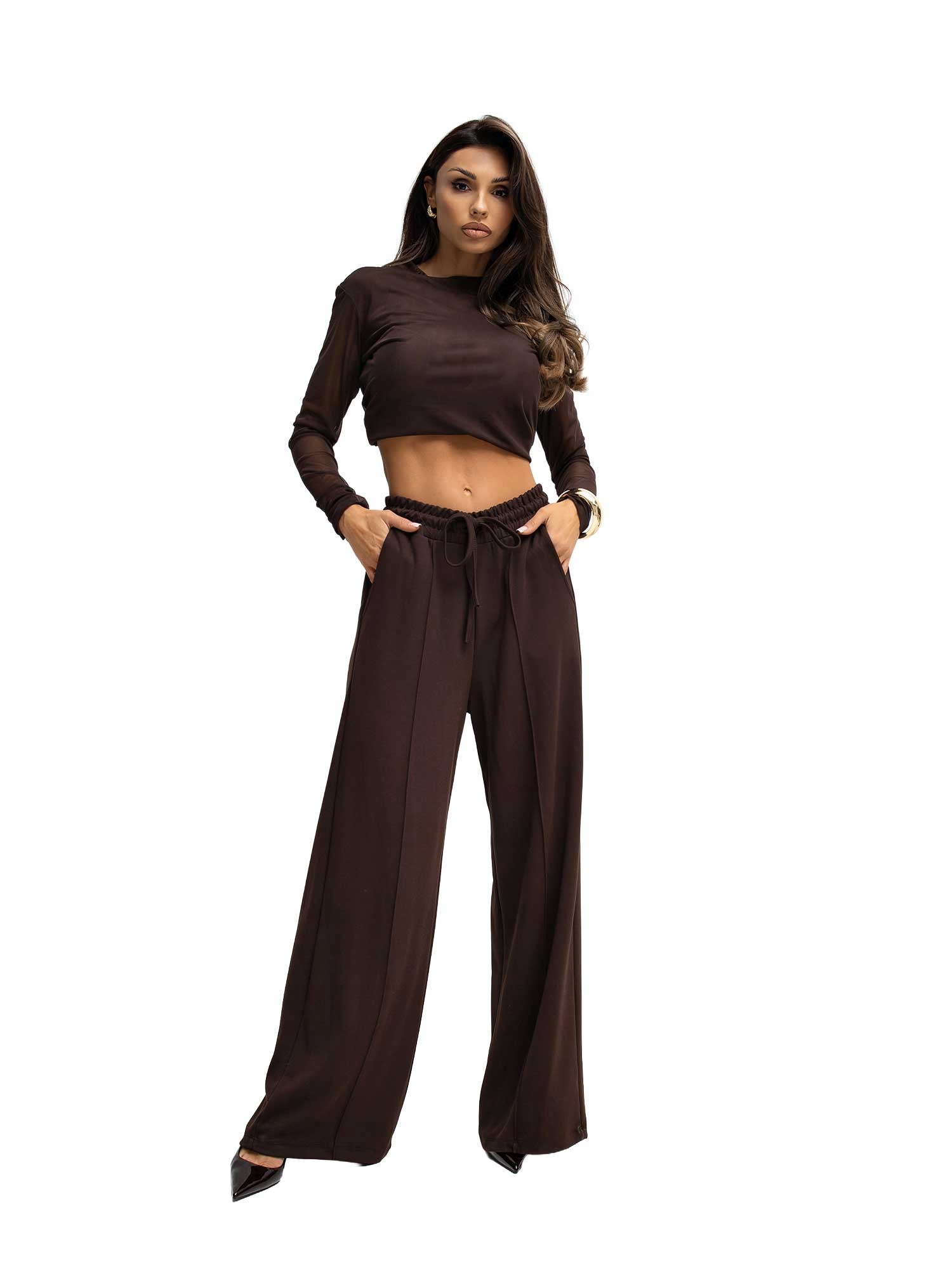 Spodnie Casualowe Damskie Palazzo Gładkie Z Wysokim Stanem