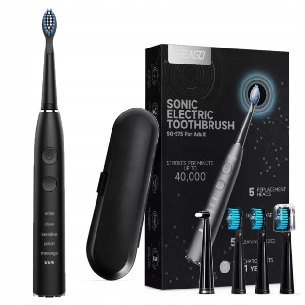 Soniczna szczoteczka do zębów Seago SG-575 , etui, 5 końcówek, czarna