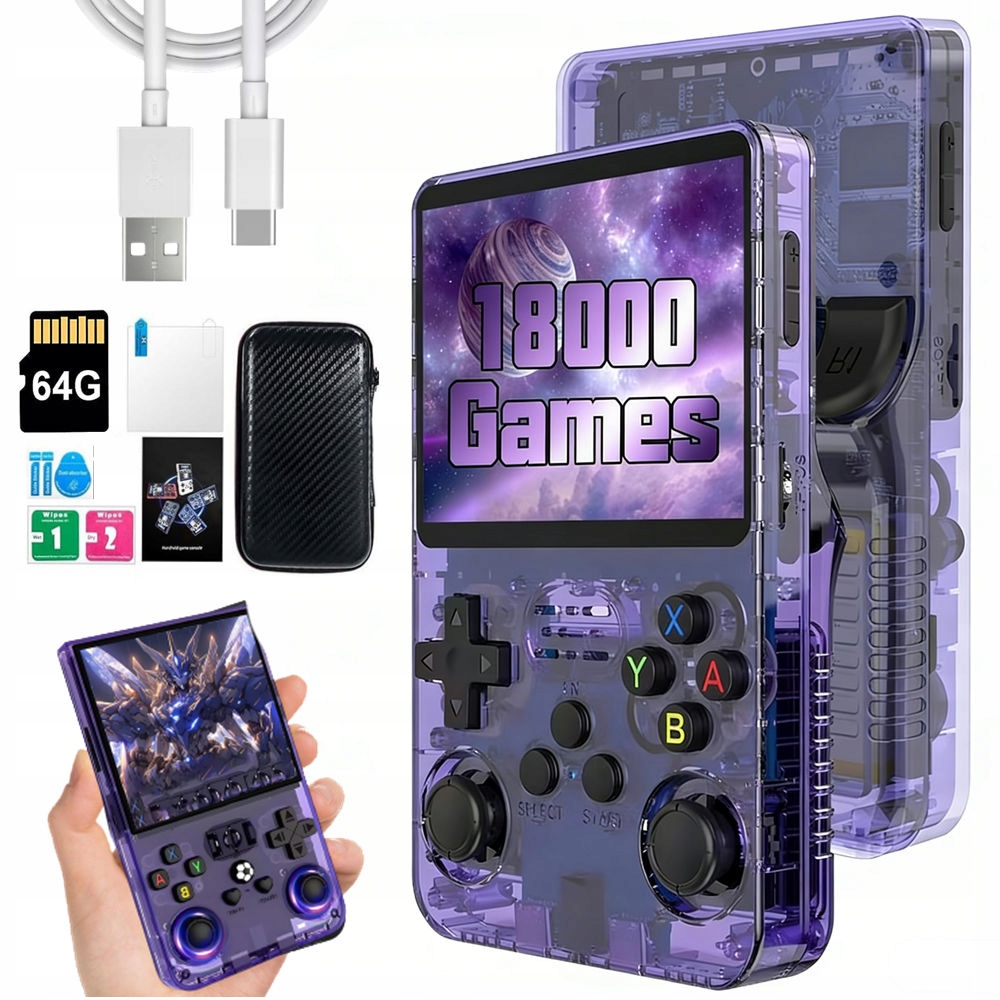 Przenośna Komórkowa Konsola Do Gier Retro 18000 Gier Linux 64GB Fioletowy