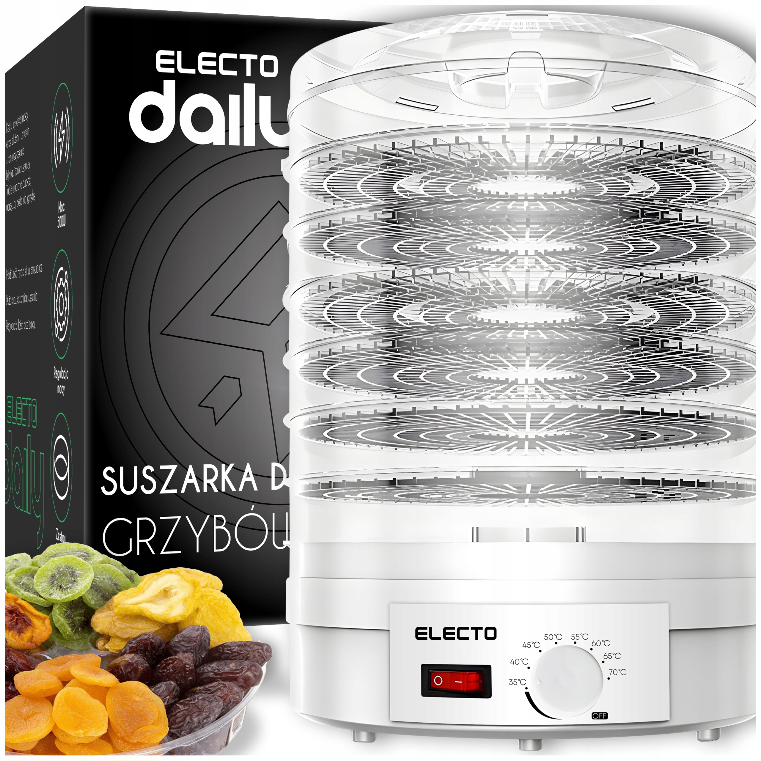 Suszarka do żywności Electo 500 W, 6 sit, regulacja 35-70°C, biała