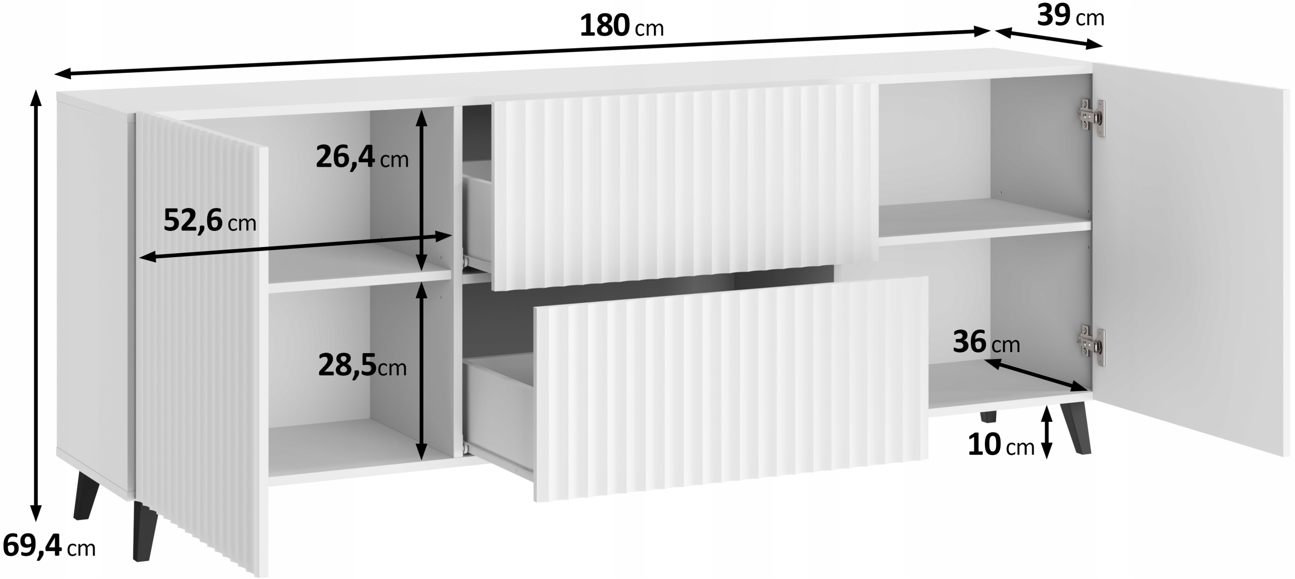 Szafka RTV PHUKET 181 Biała / Ryfle Szerokie Głębokość mebla 39 cm