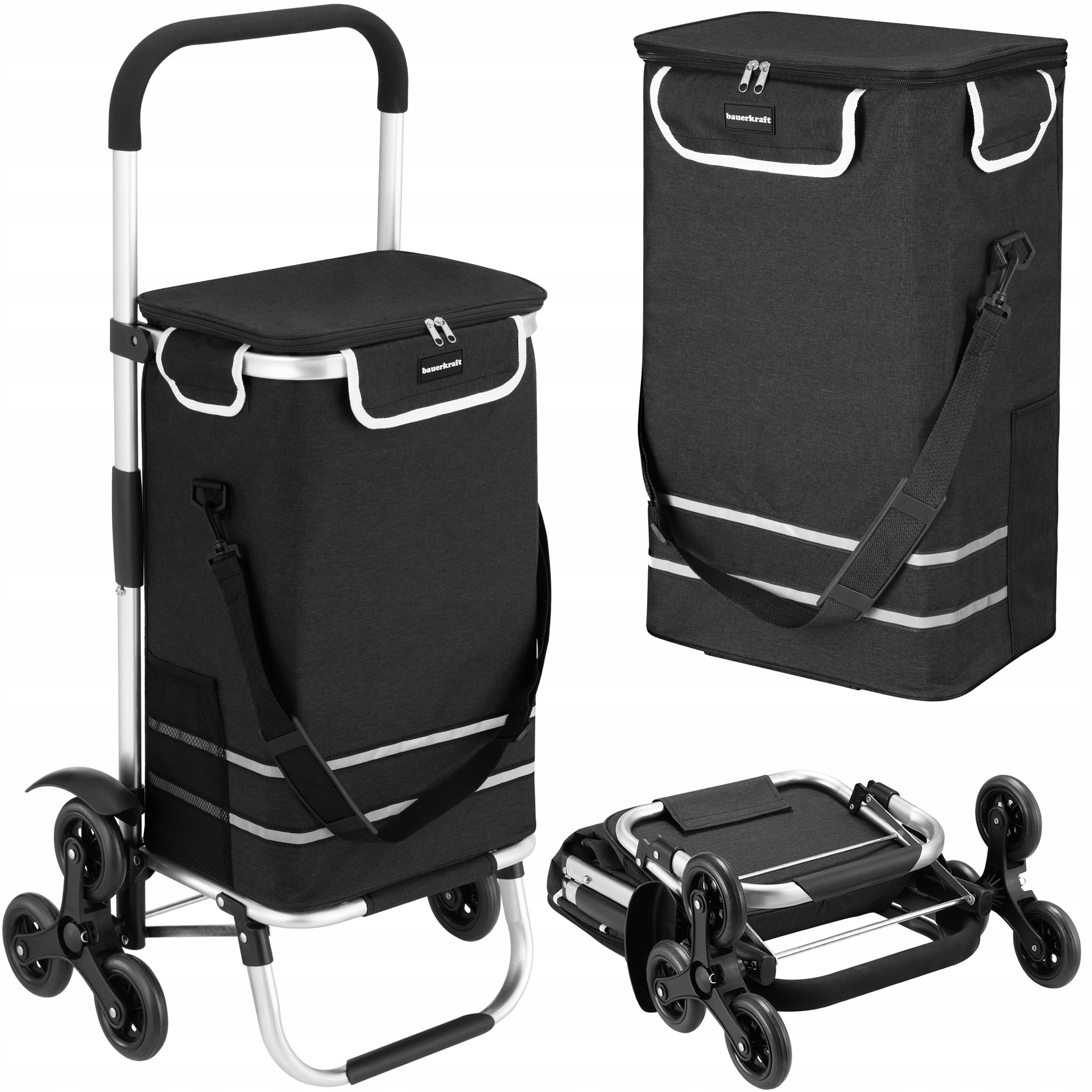 Kočárek nákupní taška na trojitých kolečkách, skládací, 42 l, odrazky, černá barva