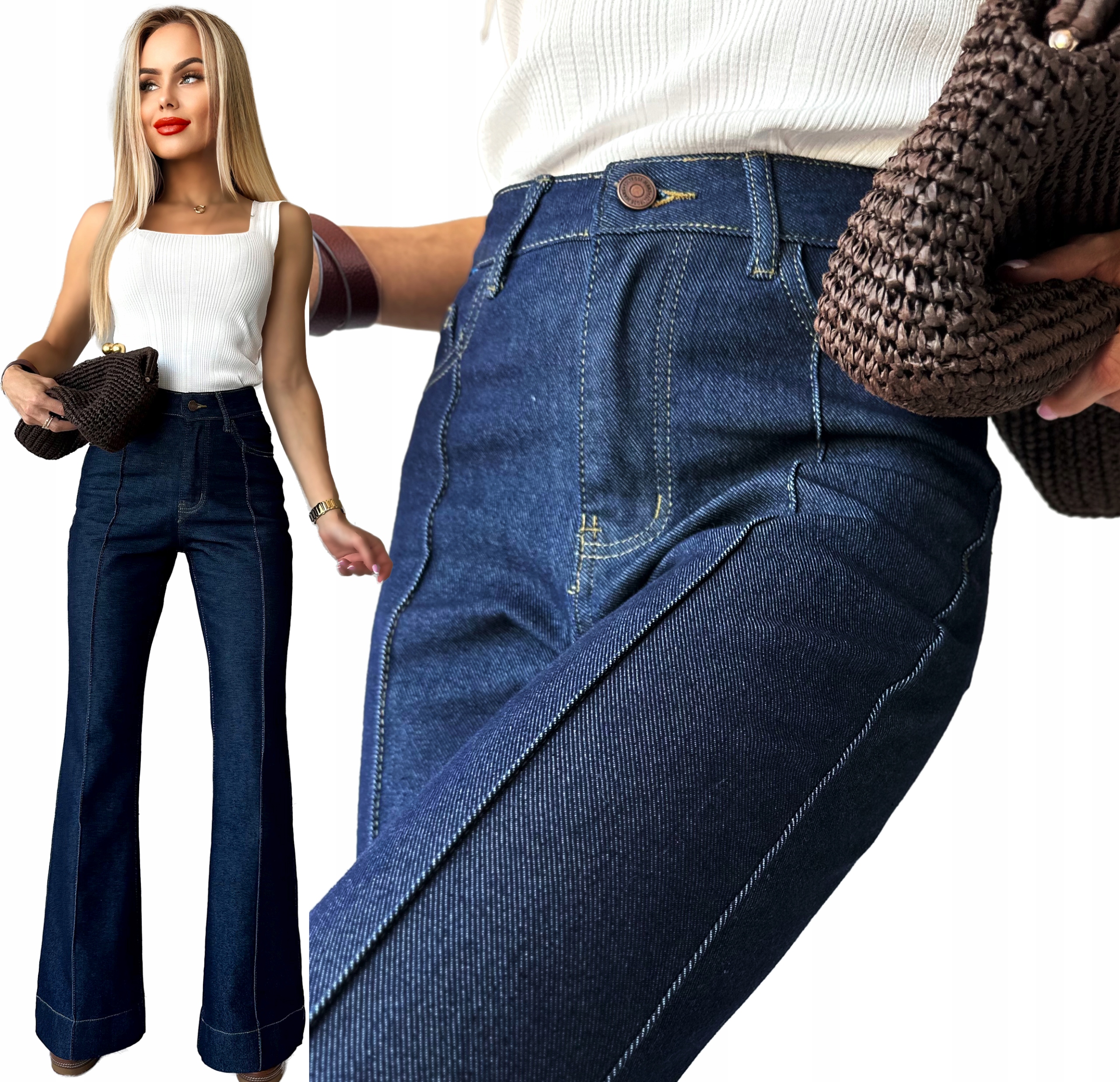 Džínové Kalhoty zvonového střihu Široké Nohavice džíny s pukem a ozdobným prošíváním L Iga