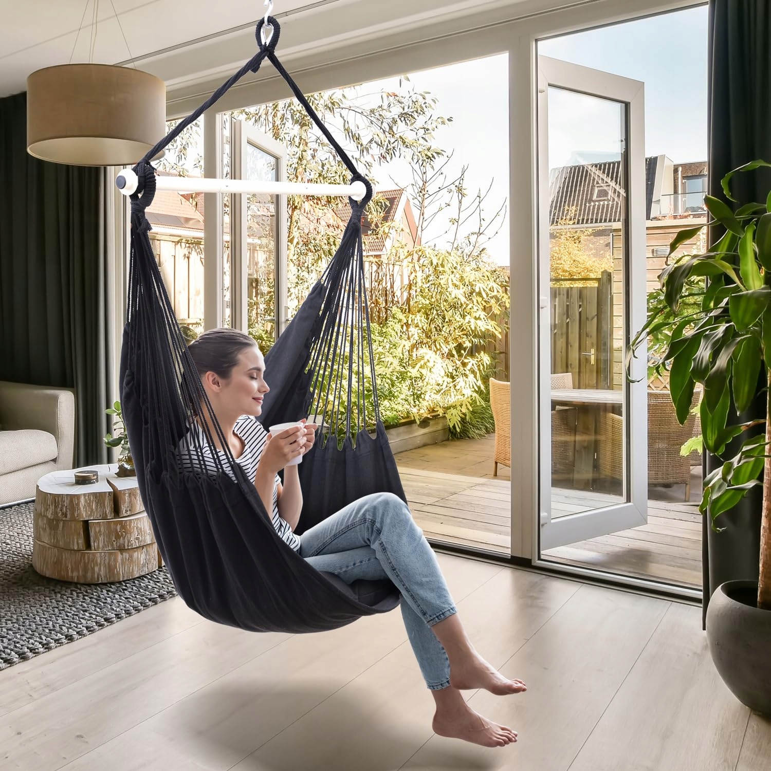 OHUHU Fotel Wiszący XL Z 2 Poduszkami Zestaw Do Montażu Do 150 kg Antracyt — miniatura 2