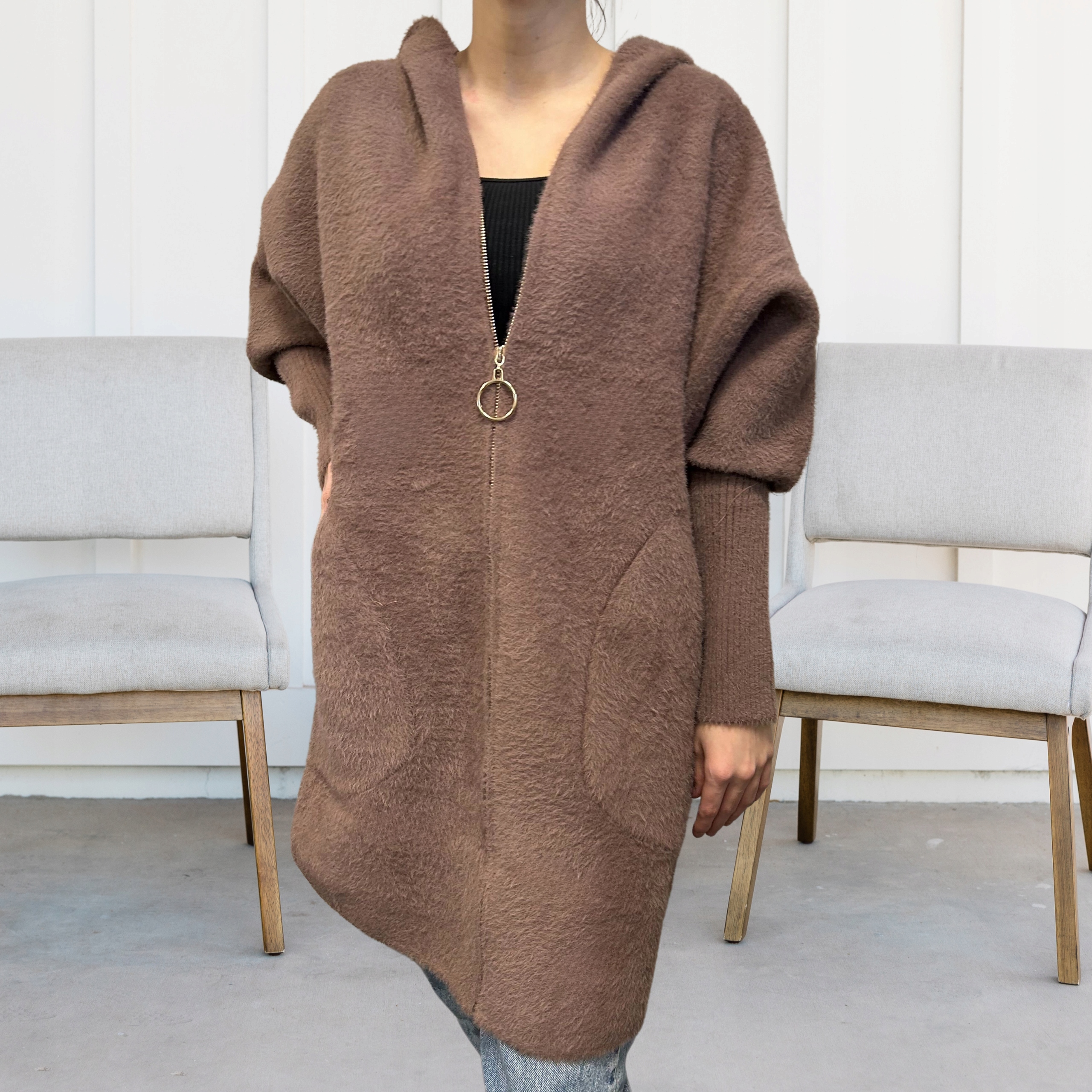 ALPAKA DAMSKA PŁASZCZ KURTKA SWETER CIEPŁA DŁUGA KAPTUR SUWAK MOKKA 2022 Marka bez marki