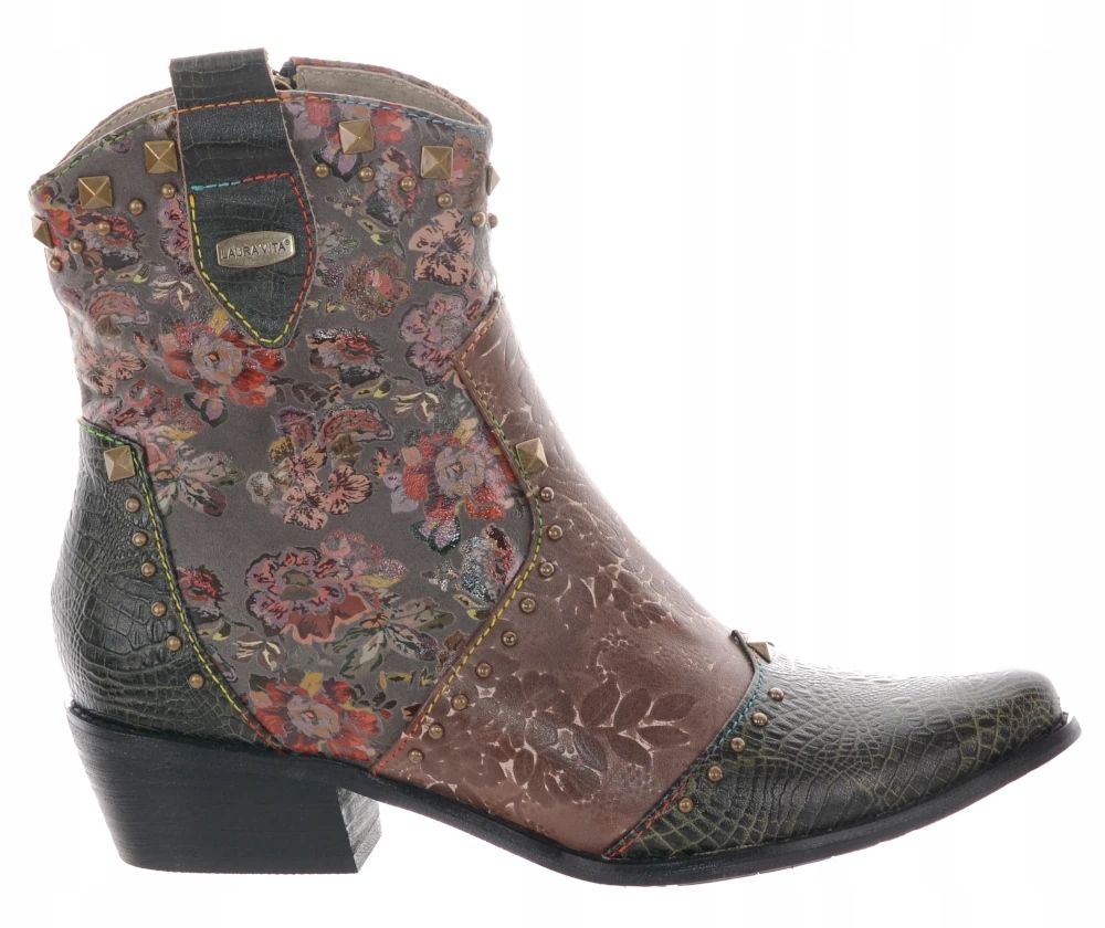 Kožené Kovbojské Boty Dámské Kotníkové Boty Na Květinovém Podpatku Béžové Laura Vita 37