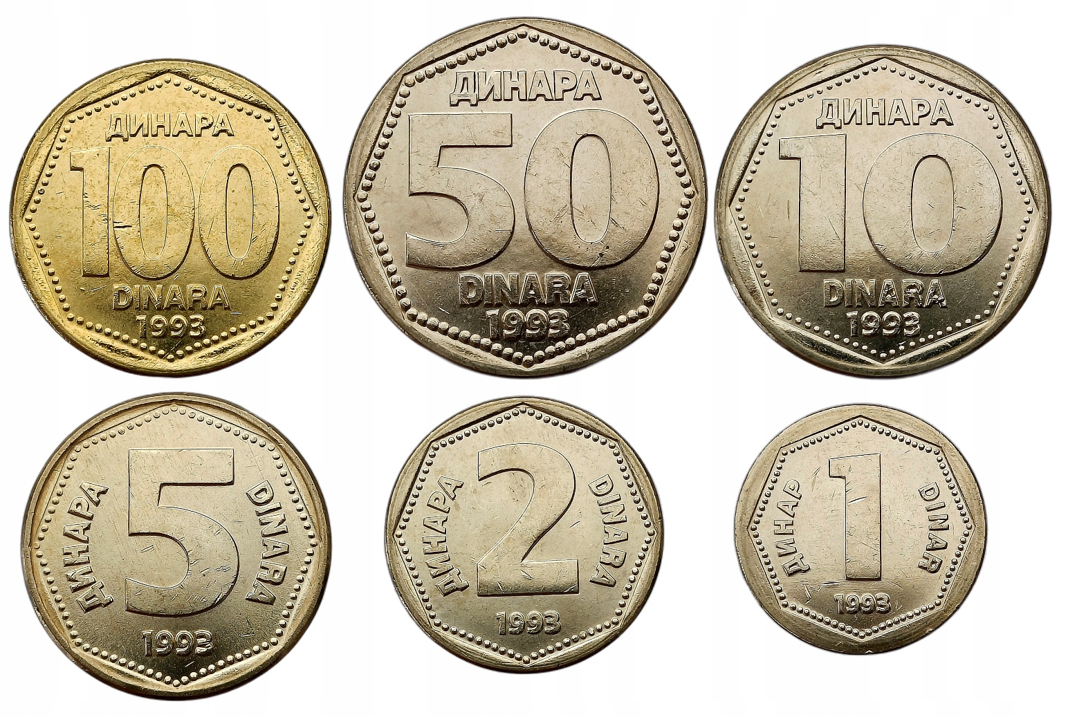 JUGOSŁAWIA ZESTAW 6 MONET 1 - 100 DINARA 1993 MENNICZE