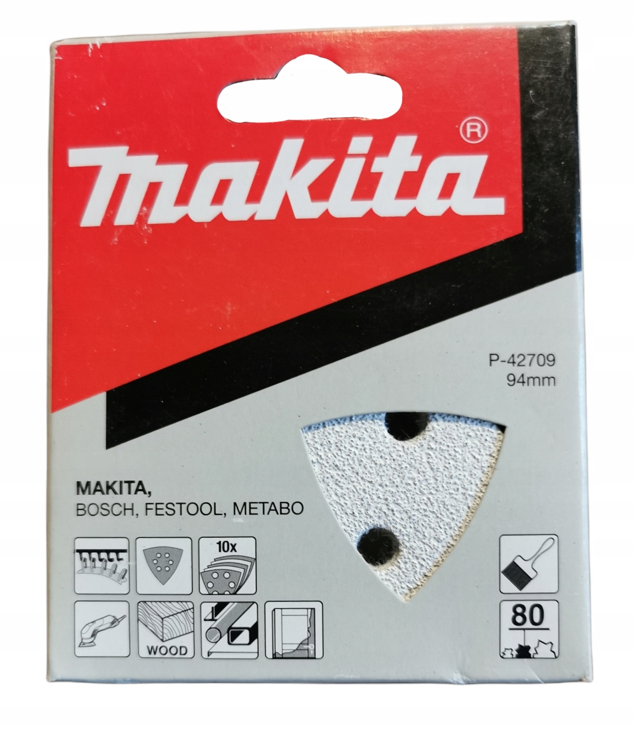 Makita Papier ścierny na rzep 94x94x94 mm, 6 otworów, gradacja K80, 10 szt.