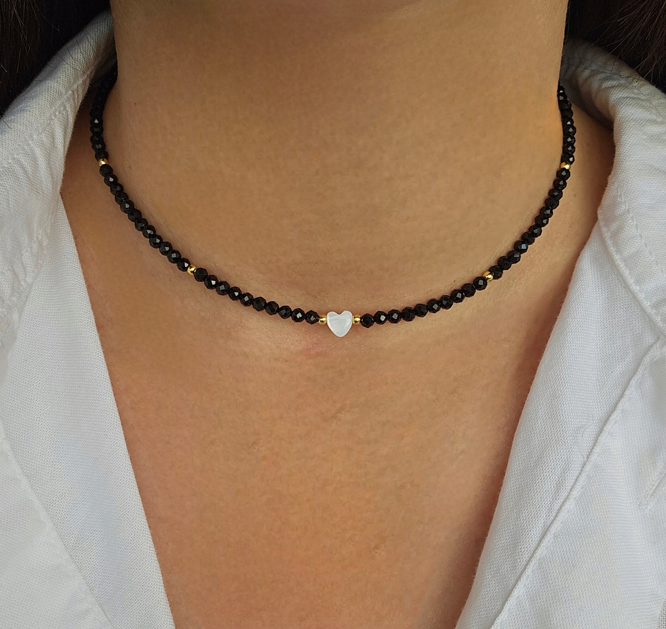 Naszyjnik Choker Czarny Turmalin Serce Masa Perłowa