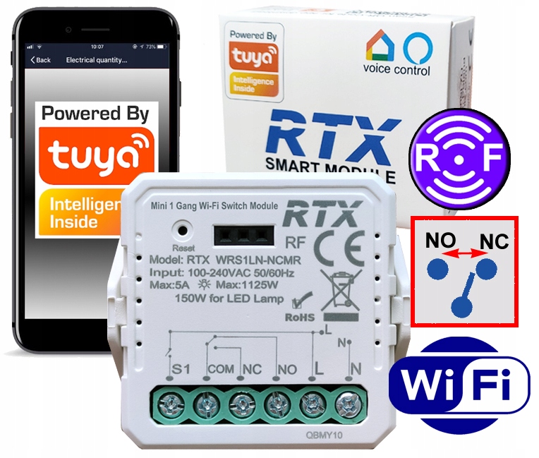 RTX Moduł BEZNAPIĘCIOWY NC NO MINI Przekaźnik Sterownik TUYA WiFi + RF