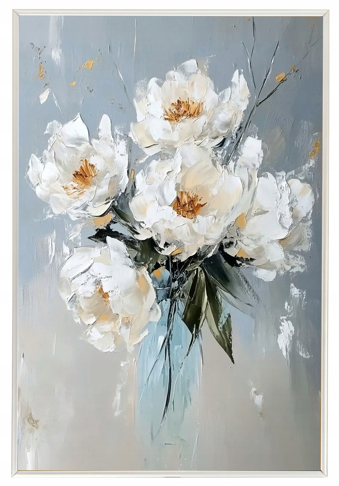 Plakát S Hliníkovým Rámeček , Olejový Nátěr, Impastové Květiny, Kytice Bílých Pivoňky 40x60