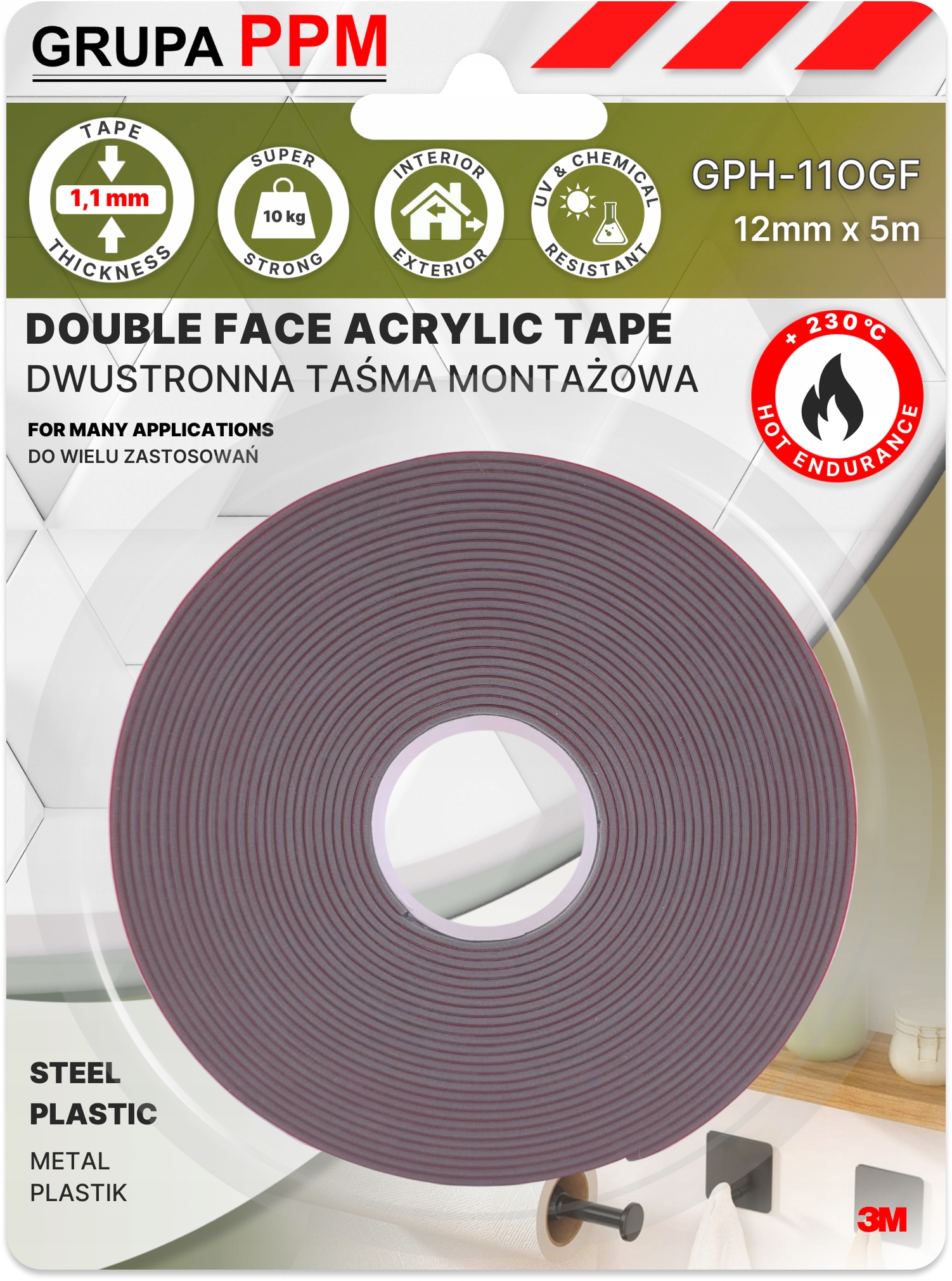 PPM 3M VHB GPH-110 12MMX5M TAŚMA MONTAŻOWA AKRYLOWA 1,1MM WIELE ZASTOSOWAŃ