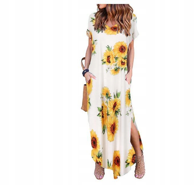 BAWEŁNIANA SUKIENKA DAMSKA Z ROZCIĘCIEM W KWIATY Model ELEGANCKA LETNIA LETNIE PLAZOWA BOHO WIECZOROWA