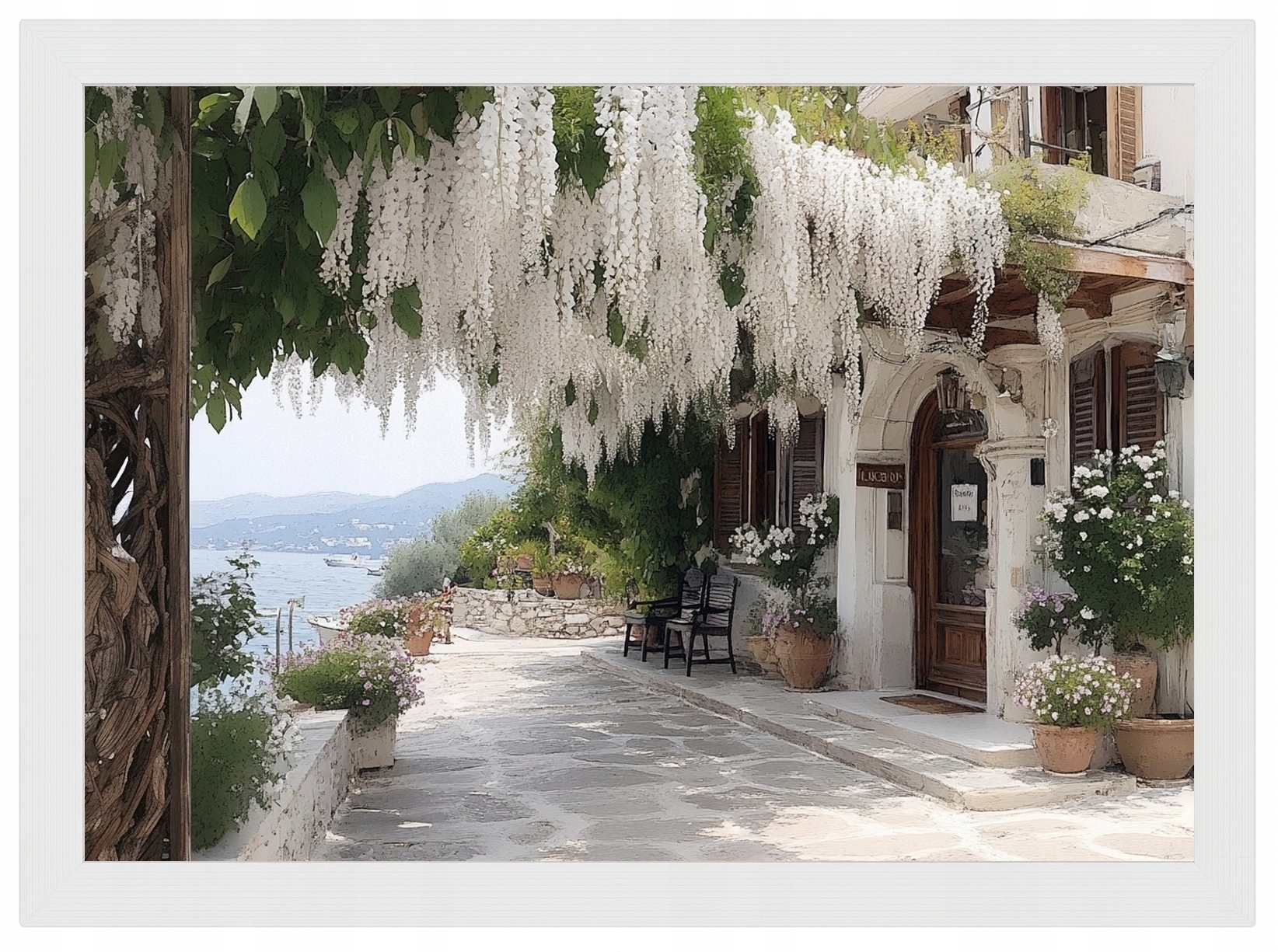 Plakát Rámeček Dřevo Krajina Řecko Lefkada Moře Hotel Květiny 100x70