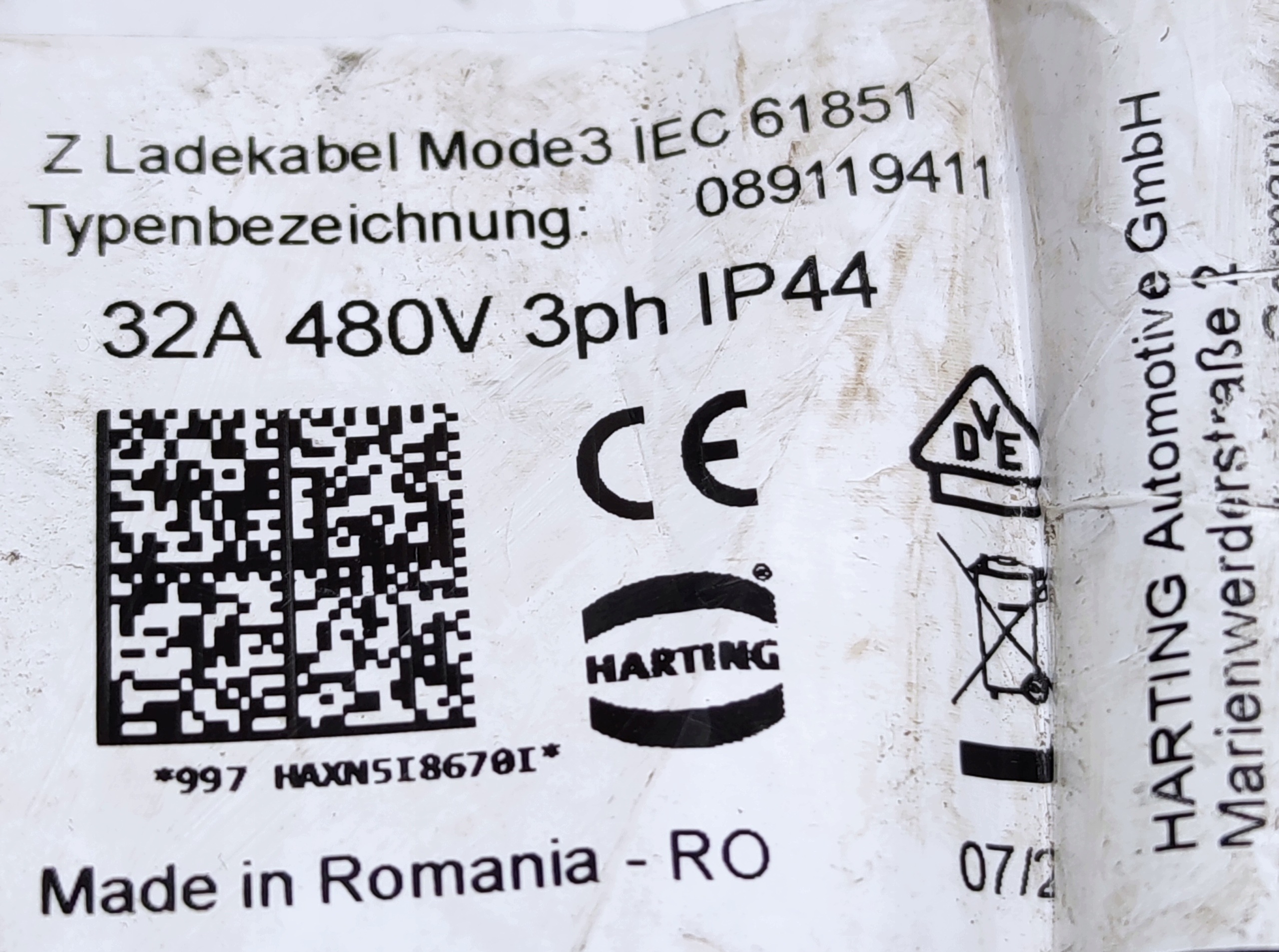 KABEL LADOWANIA Automobile EV PHEV TYP 2 32A 22KW HARTING 2015- 089119411
