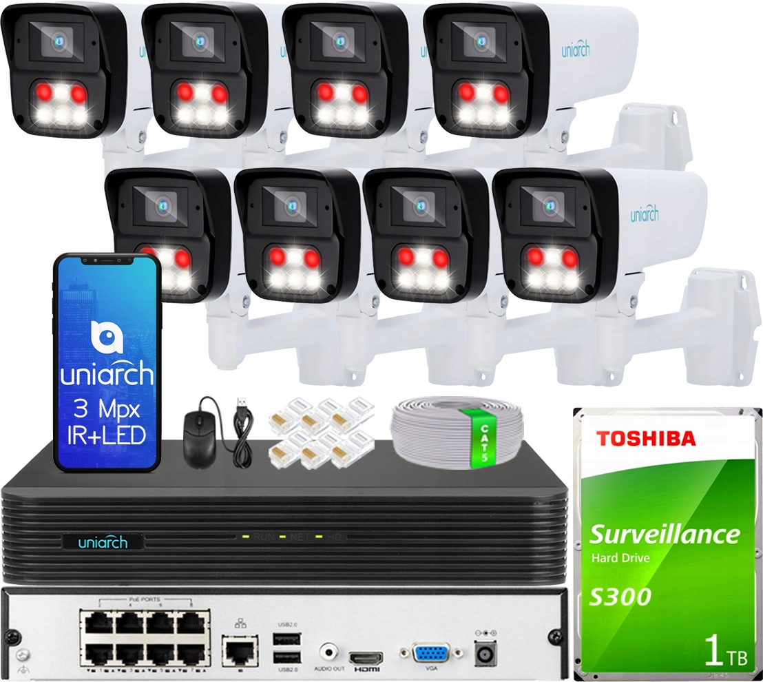 Monitoring IP Zestaw 8 Kamer Uniarch IPC-B213-APF40W 3MPx Dual Light Apka