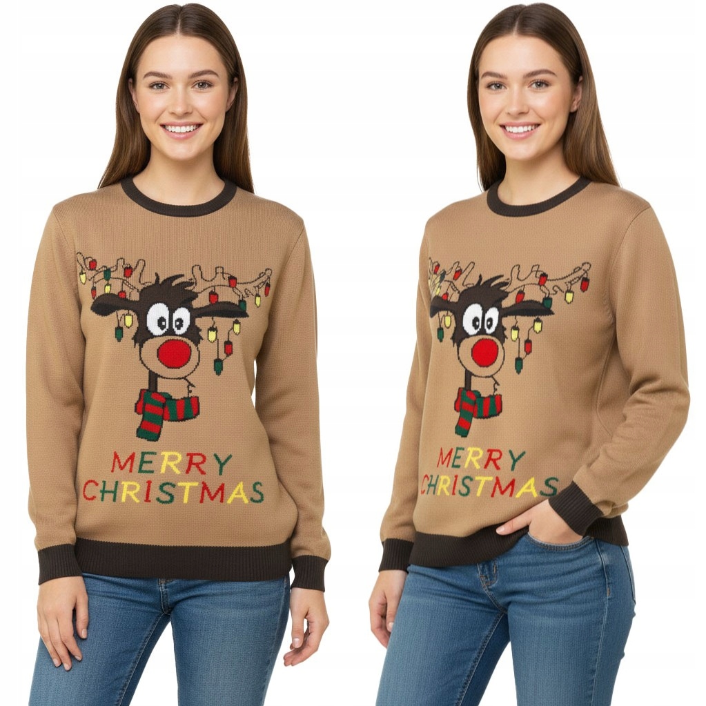 Dámský vánoční svetr hnědý sob merry christmas pletený teplý Xs