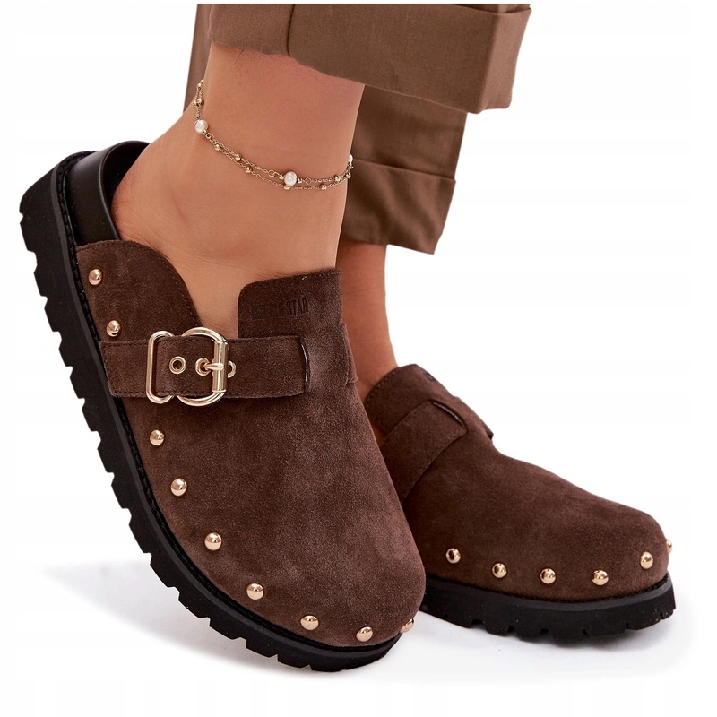 Klapki Chodaki Damskie Big Star Złote Ćwieki Klamra Zamsz Czekoladowe 39