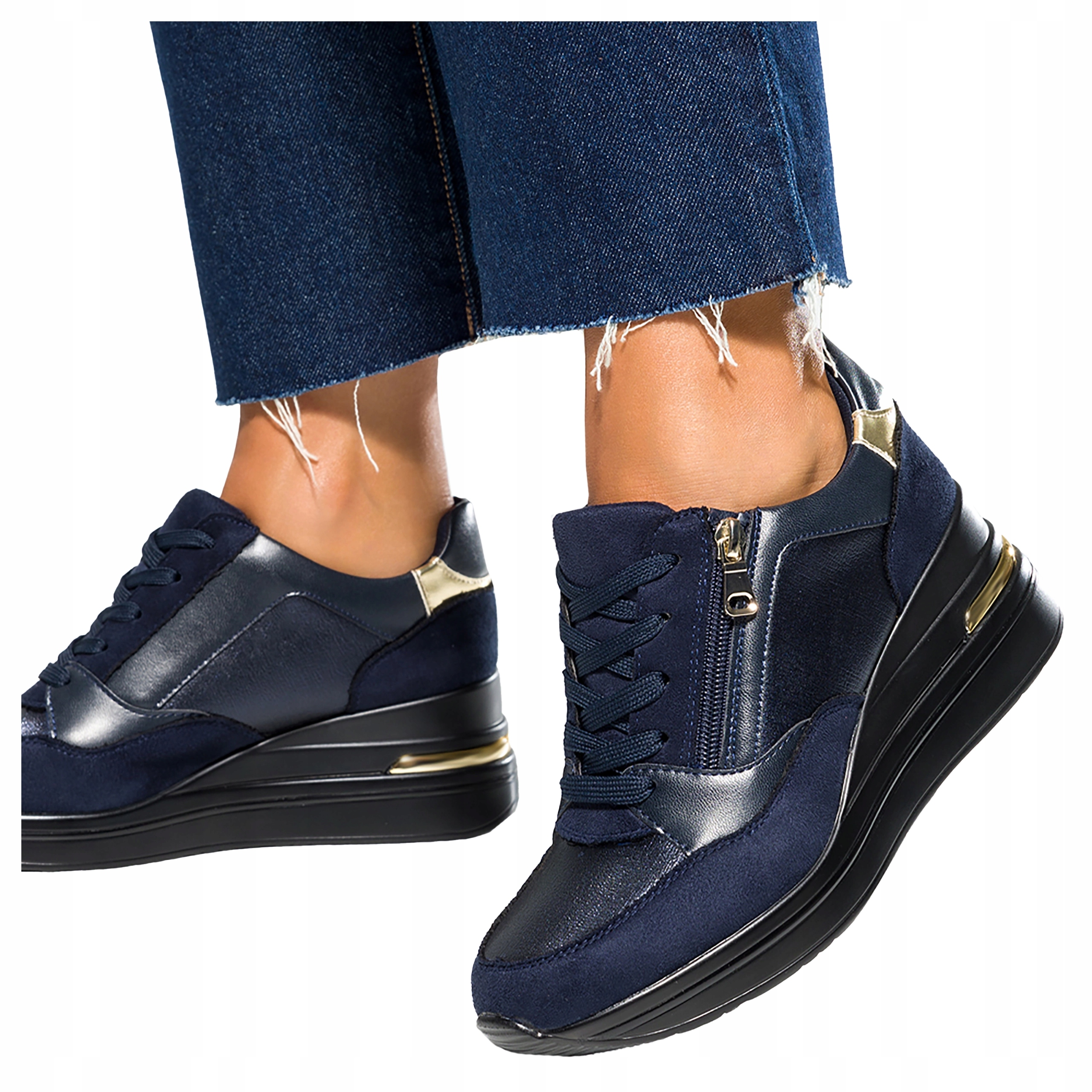 Dámské Polobotky Na Ozdobném Podpatku Zlaté Doplňky Na Zip Tmavě Modré vel. 39