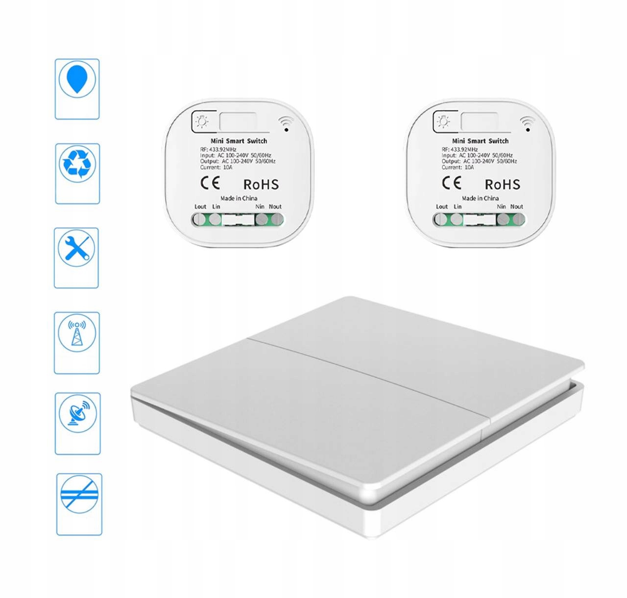 Bezbateriový bezdrátový 2-cestný spínač světla Vysílač 2 přijímače