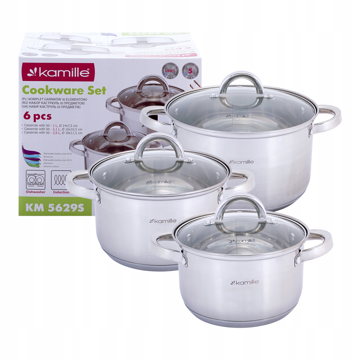 KOMPLET GARNKÓW 6 EL SZKLANE POKRYWY INDUKCJA STAL