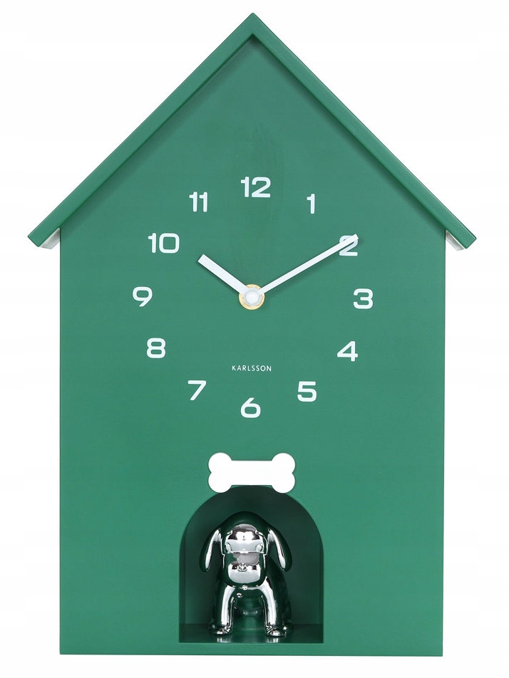 Zelené Skříňkové Nástěnné Hodiny Karlsson KA6096GR Štěkání Psa 24x35 cm