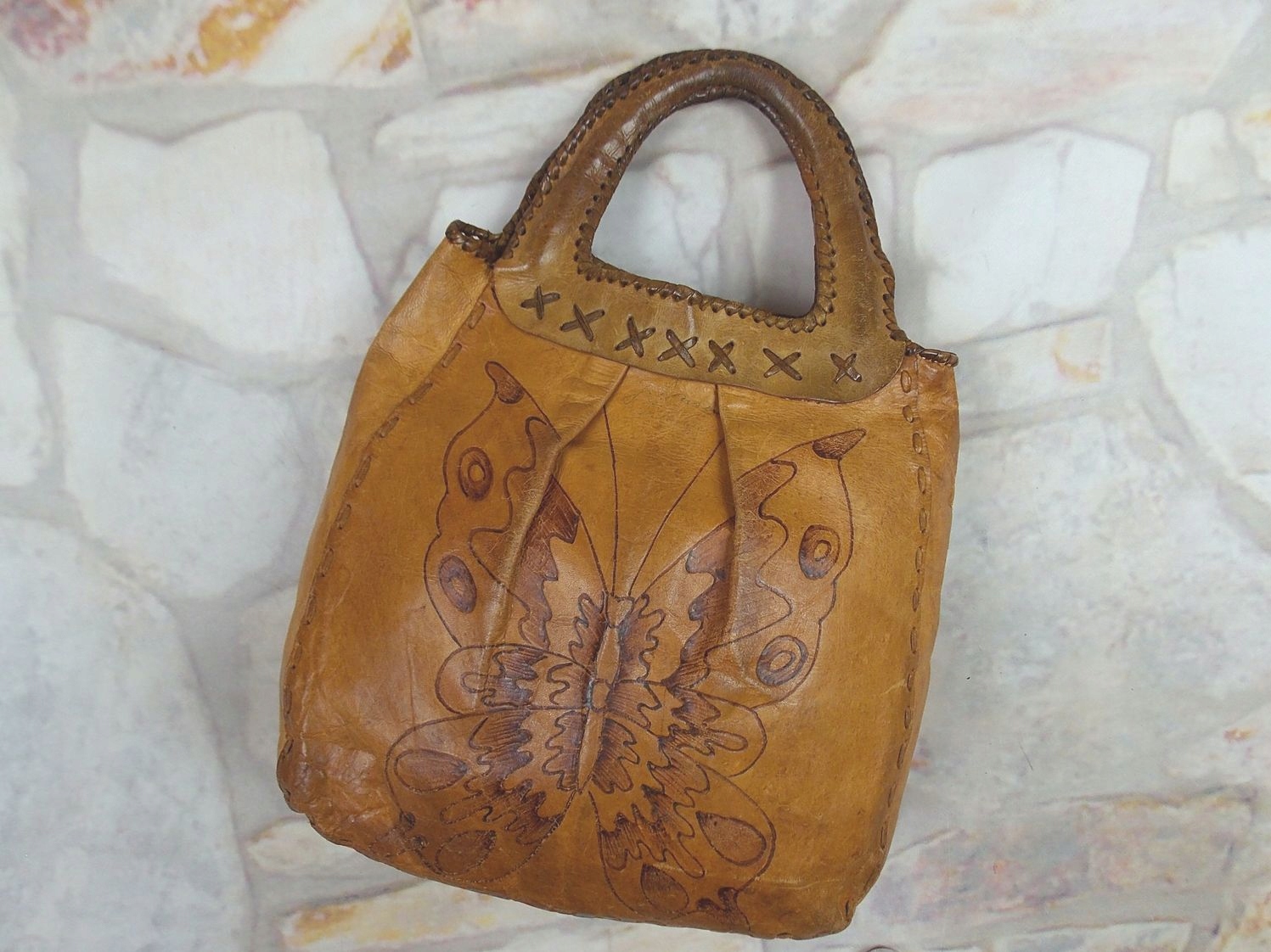 SHOPPERKA SKÓRZANA VINTAGE WYPALANY MOTYL TOREBKA Marka Lea&Ther