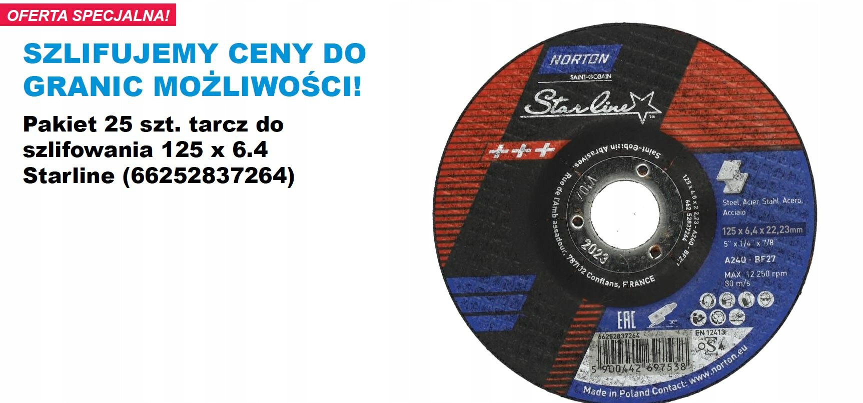 Norton 25 X Brusný Kotouč Starline 125 mm x 6,4 mm A24Q-BF27 Pro Kov