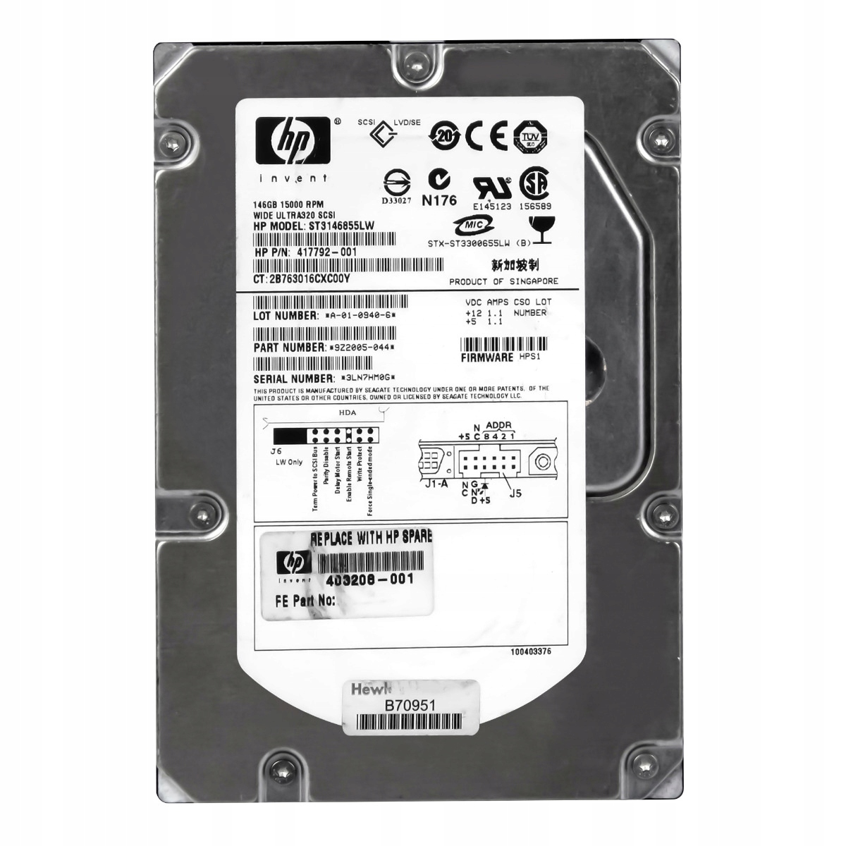 Hp 417792-001 146GB 15K 16MB Scsi U320 3.5'' ST3146855LW