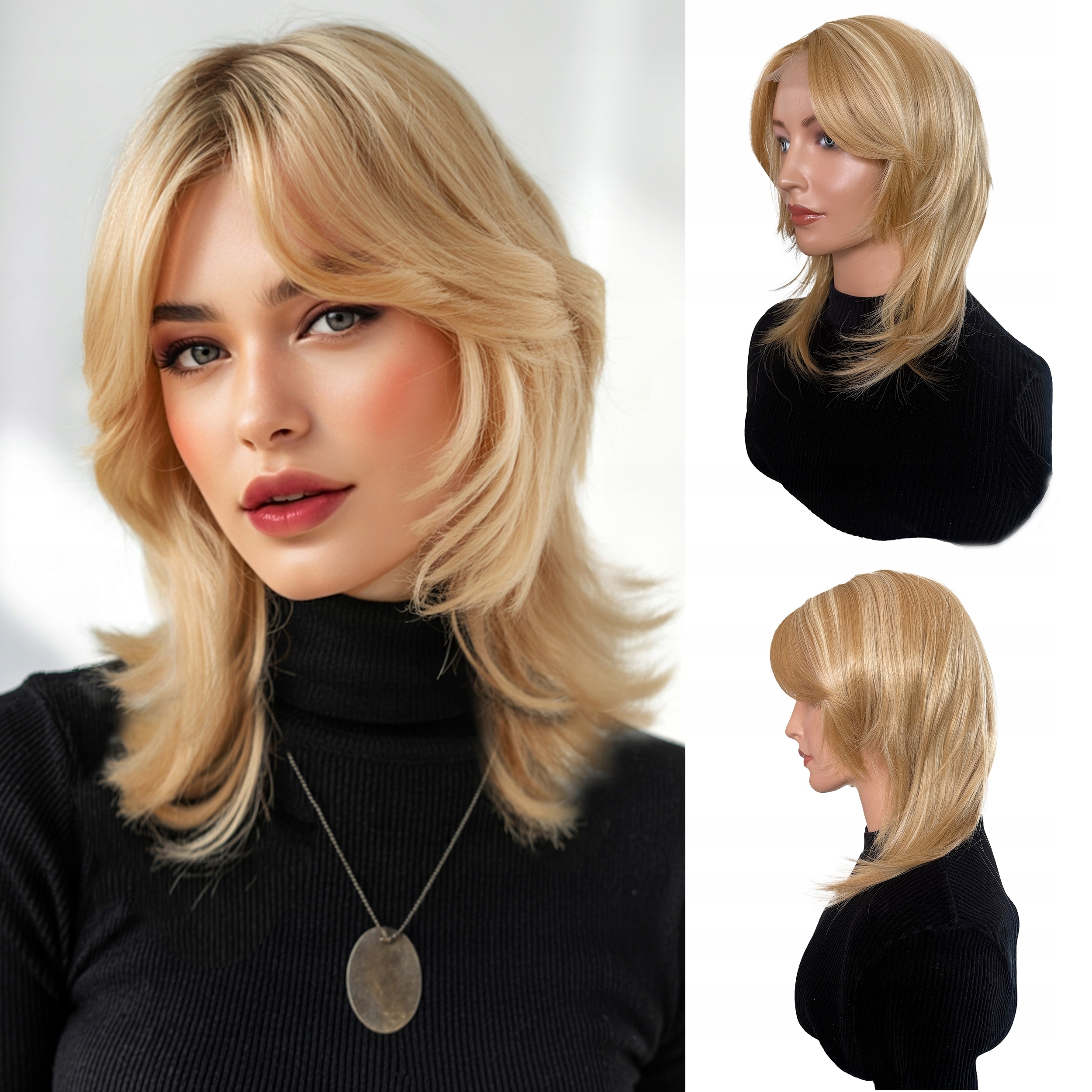 Peruka Syntetyczna Włosy Cieniowane z Grzywką Na Boki Balejaż Blond 50cm