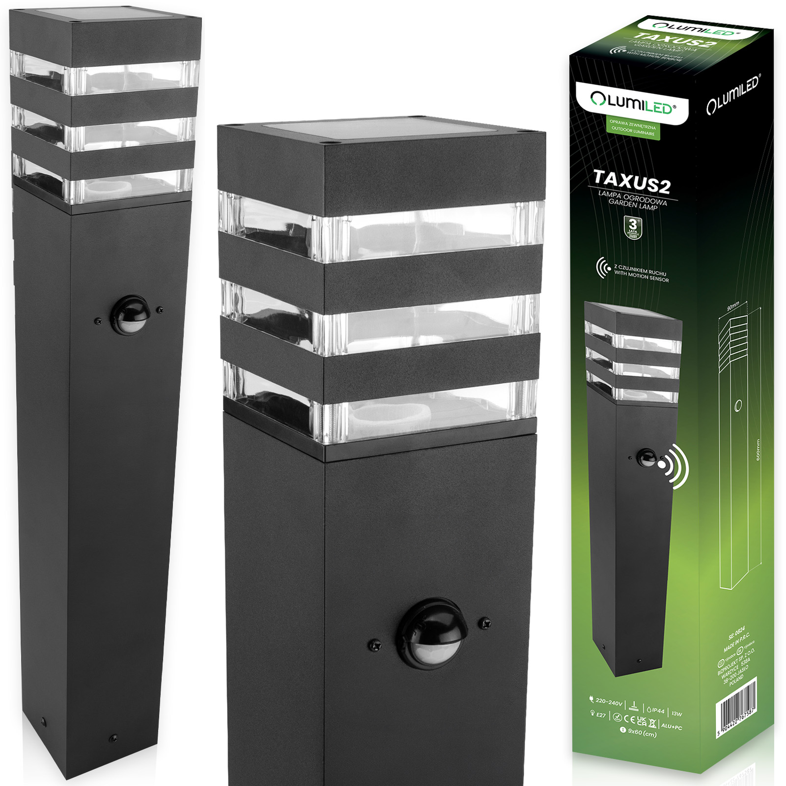 Lampa Ogrodowa E27 Led Stojąca Zewnętrzna Słupek 60cm z Czujnik Ruchu