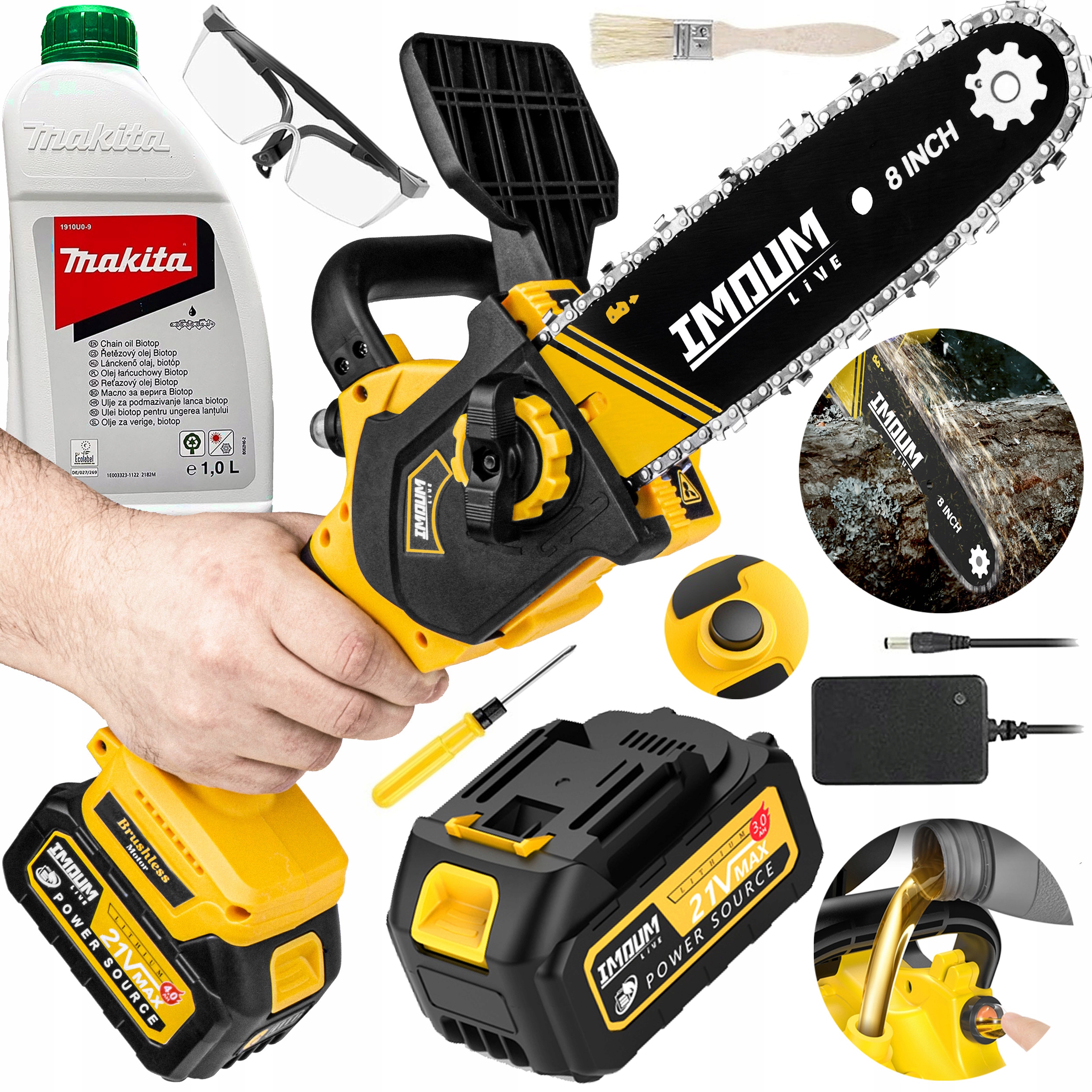 Mini Aku Řetězová Pila 8" Sada Dvěch Baterie Imoum