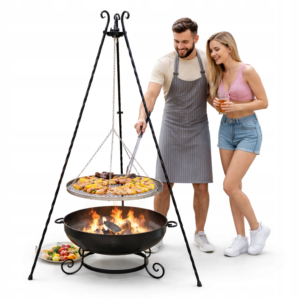 GRILL OGRODOWY TRÓJNÓG KUTY RUSZT 60 CM RUSZTO NIERDZEWNE INOX 6 PALENISKO