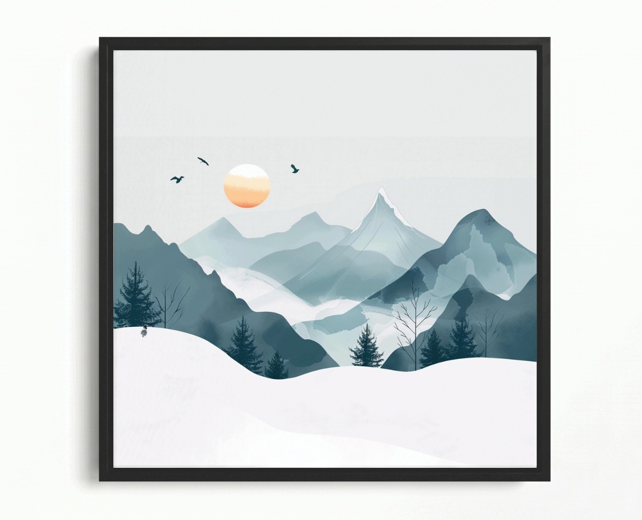 Obraz Rám Americká Krajina Grafika Hory Stromy Slunce 50x50