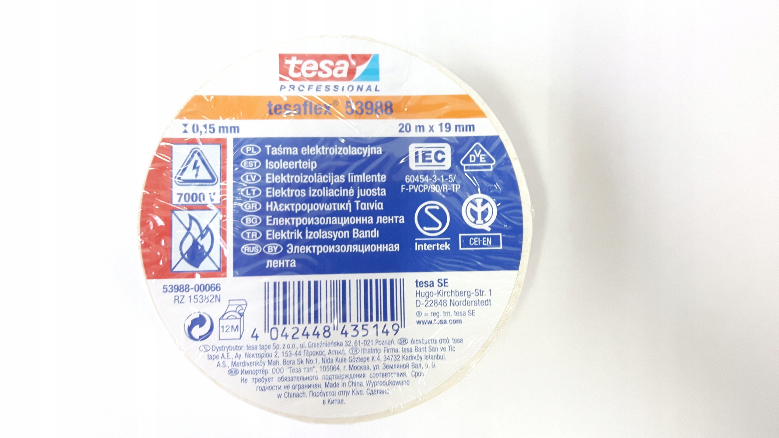 TAŚMA IZOLACYJNA BIAŁA 20m x 19mm TESA 53988-00066